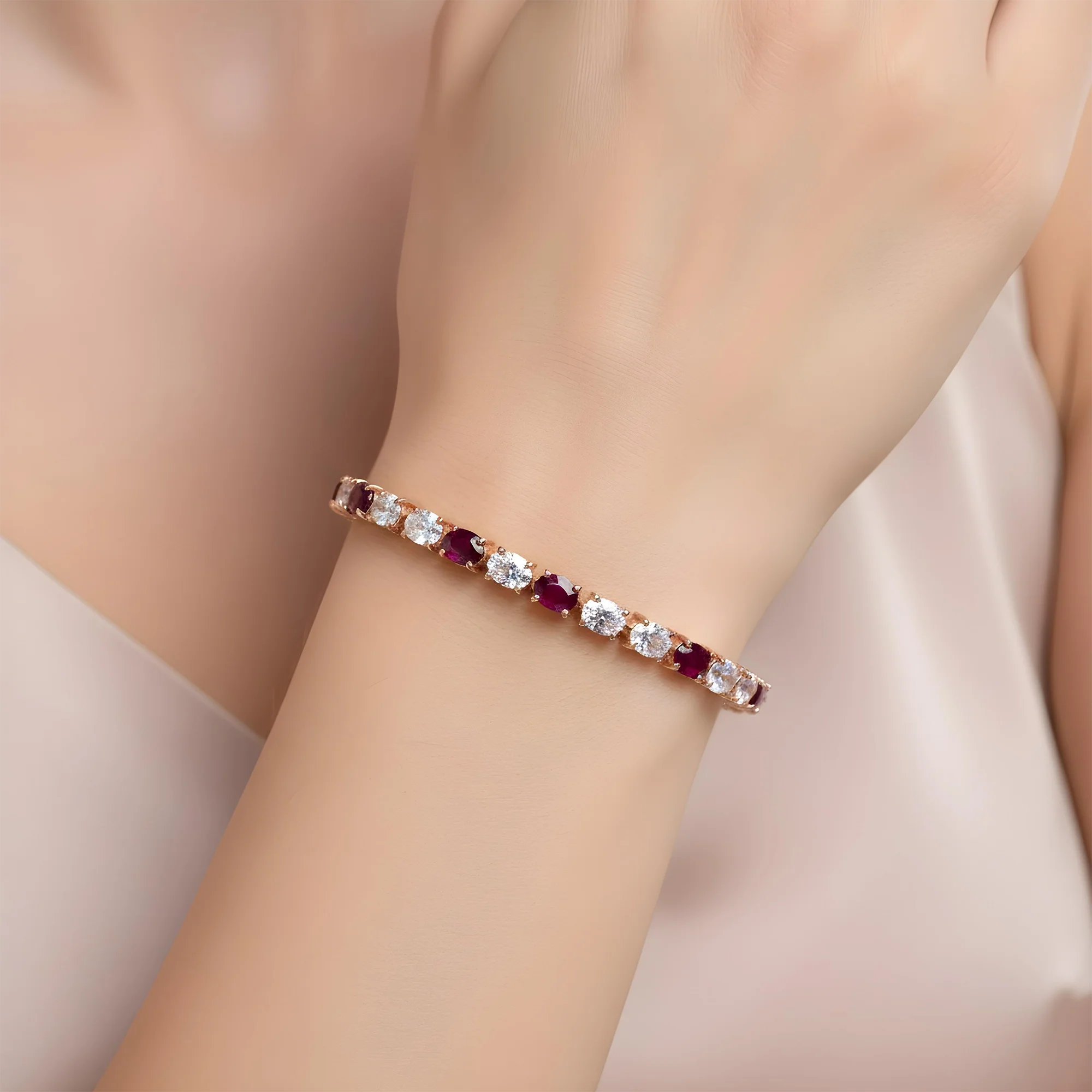 18K Yellow Gold Oval Cut Ruby & Diamond Tennis Bracelet - Image 8