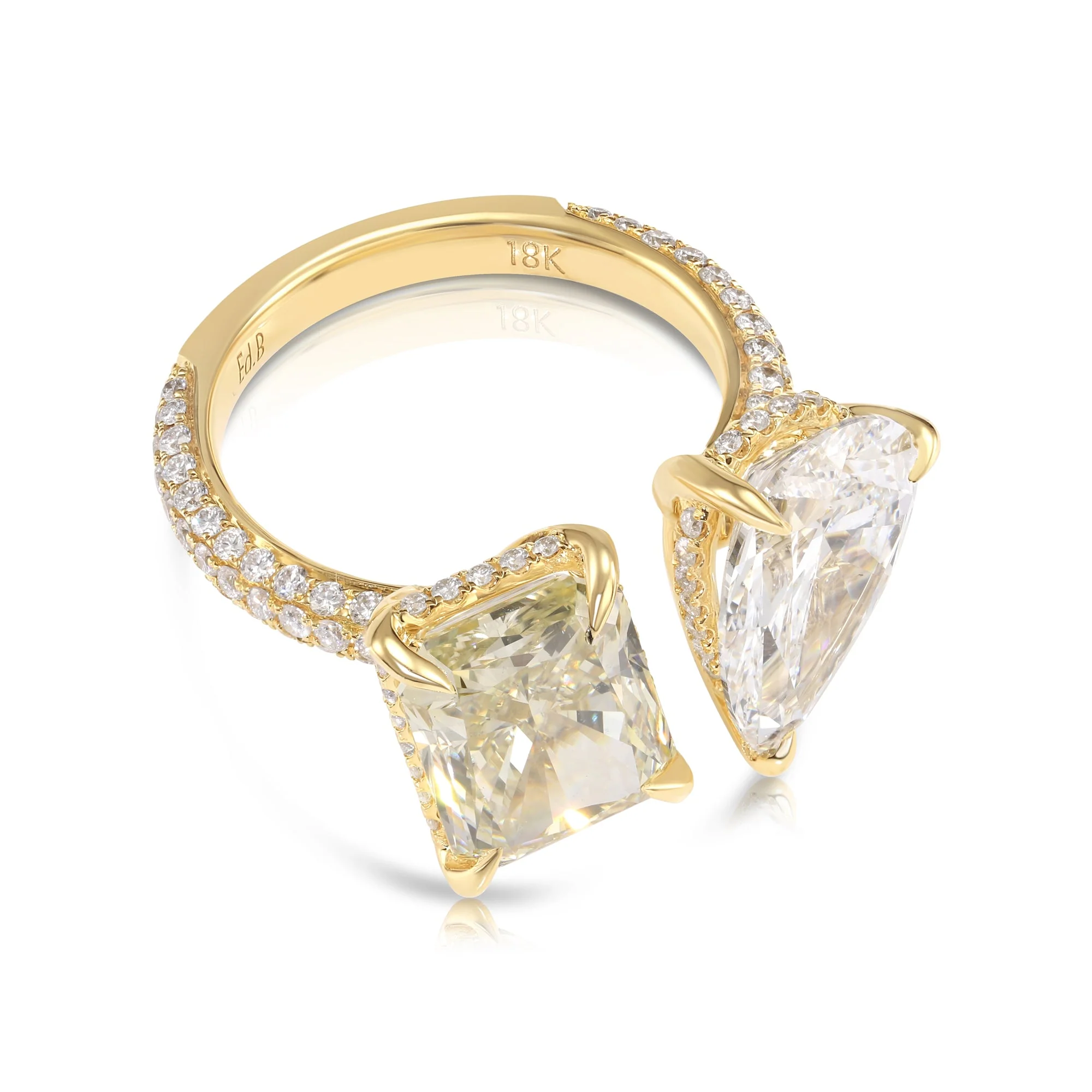 18K Yellow Gold Pear Cut & Fancy Yellow Radiant Cut Diamond Toi et Moi Ring 7.27ctw - Image 3