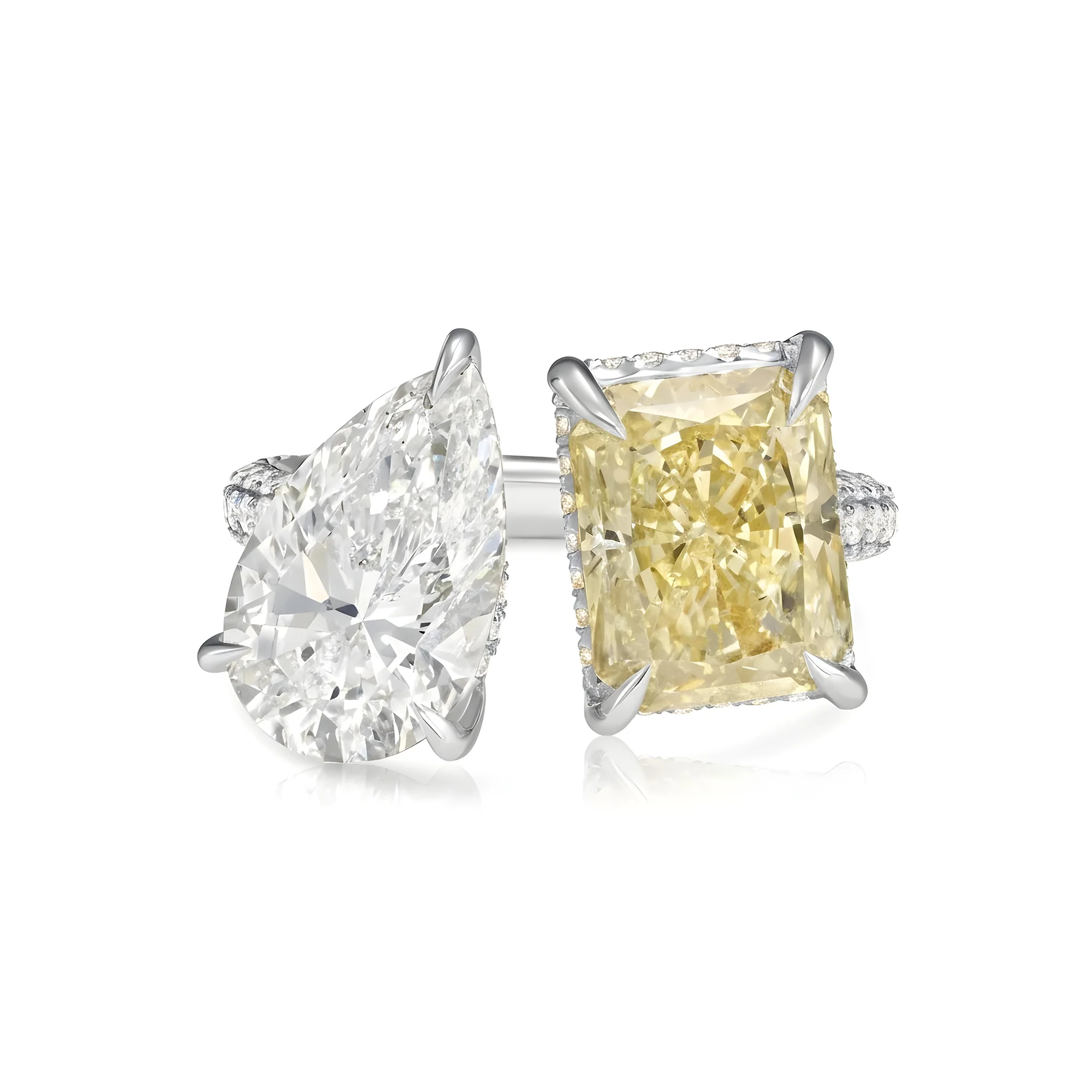18K Yellow Gold Pear Cut & Fancy Yellow Radiant Cut Diamond Toi et Moi Ring 7.27ctw - Image 5