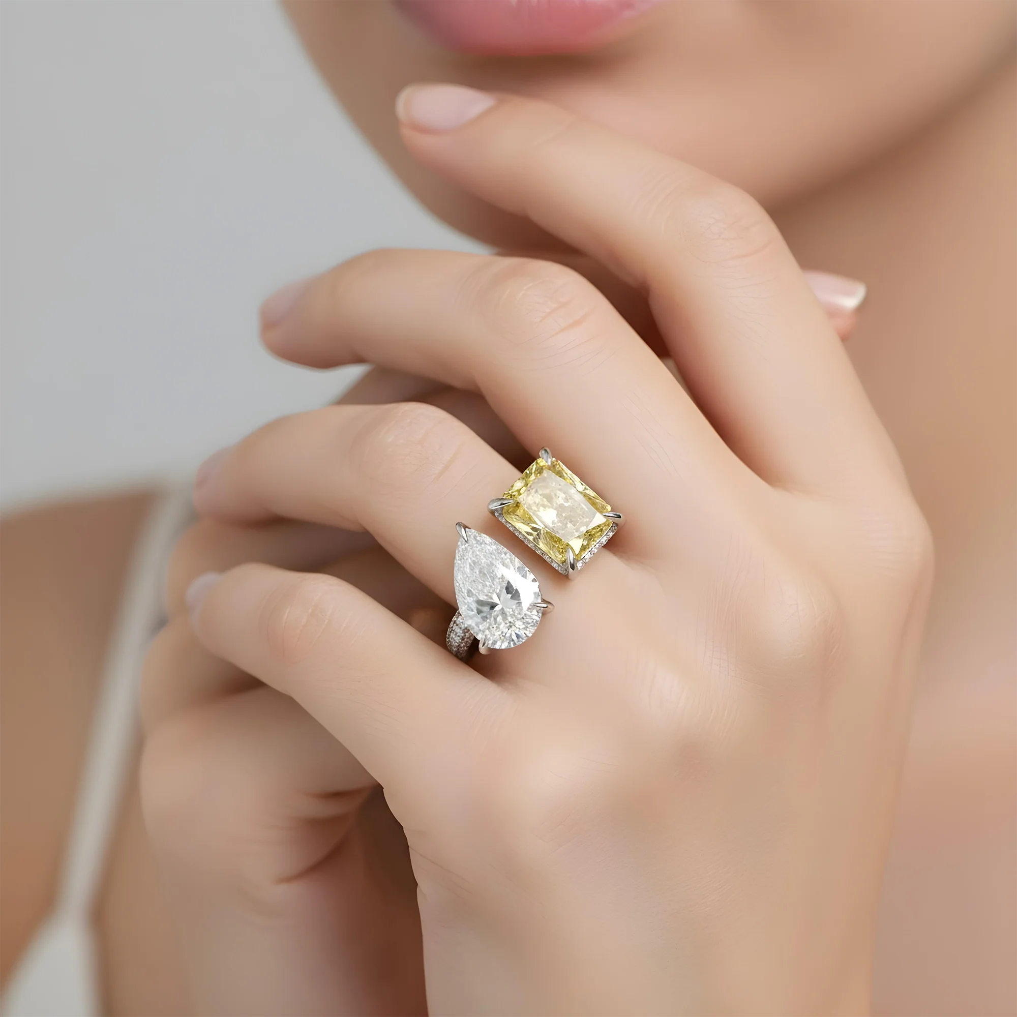 18K Yellow Gold Pear Cut & Fancy Yellow Radiant Cut Diamond Toi et Moi Ring 7.27ctw - Image 6