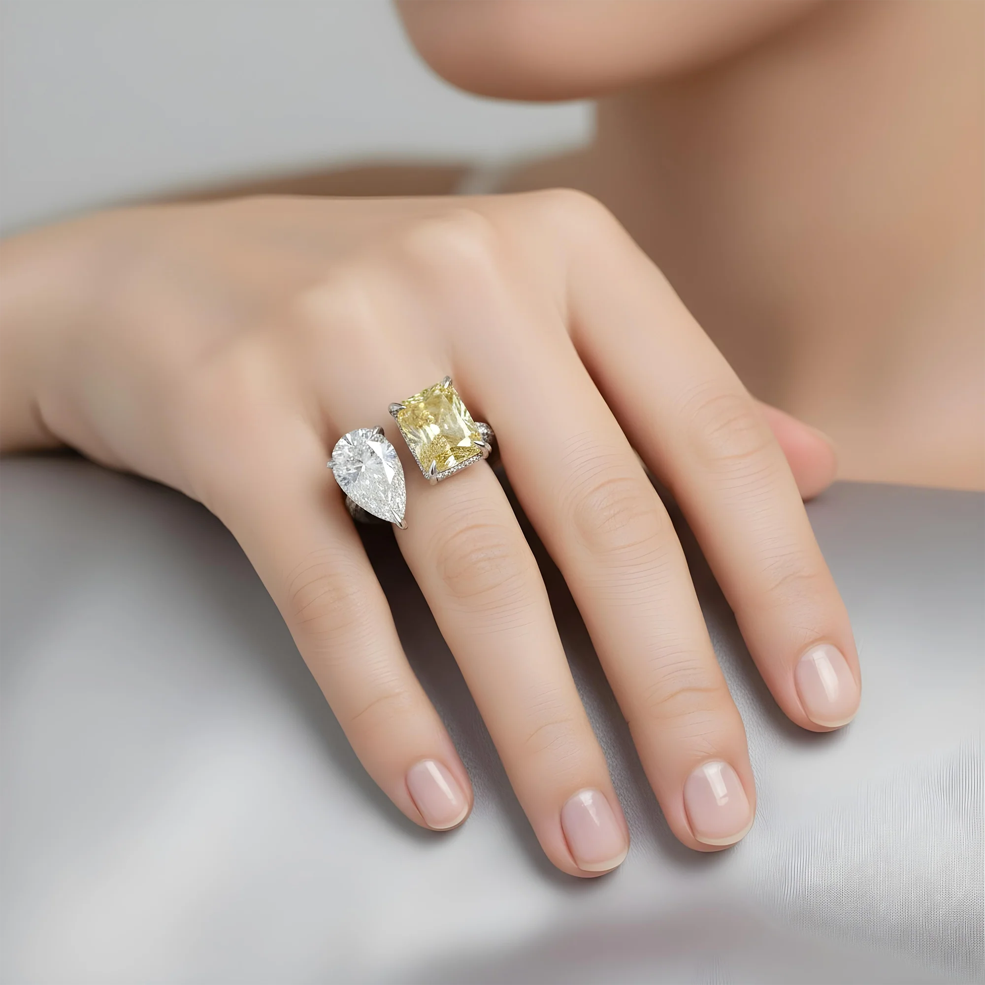 18K Yellow Gold Pear Cut & Fancy Yellow Radiant Cut Diamond Toi et Moi Ring 7.27ctw - Image 7