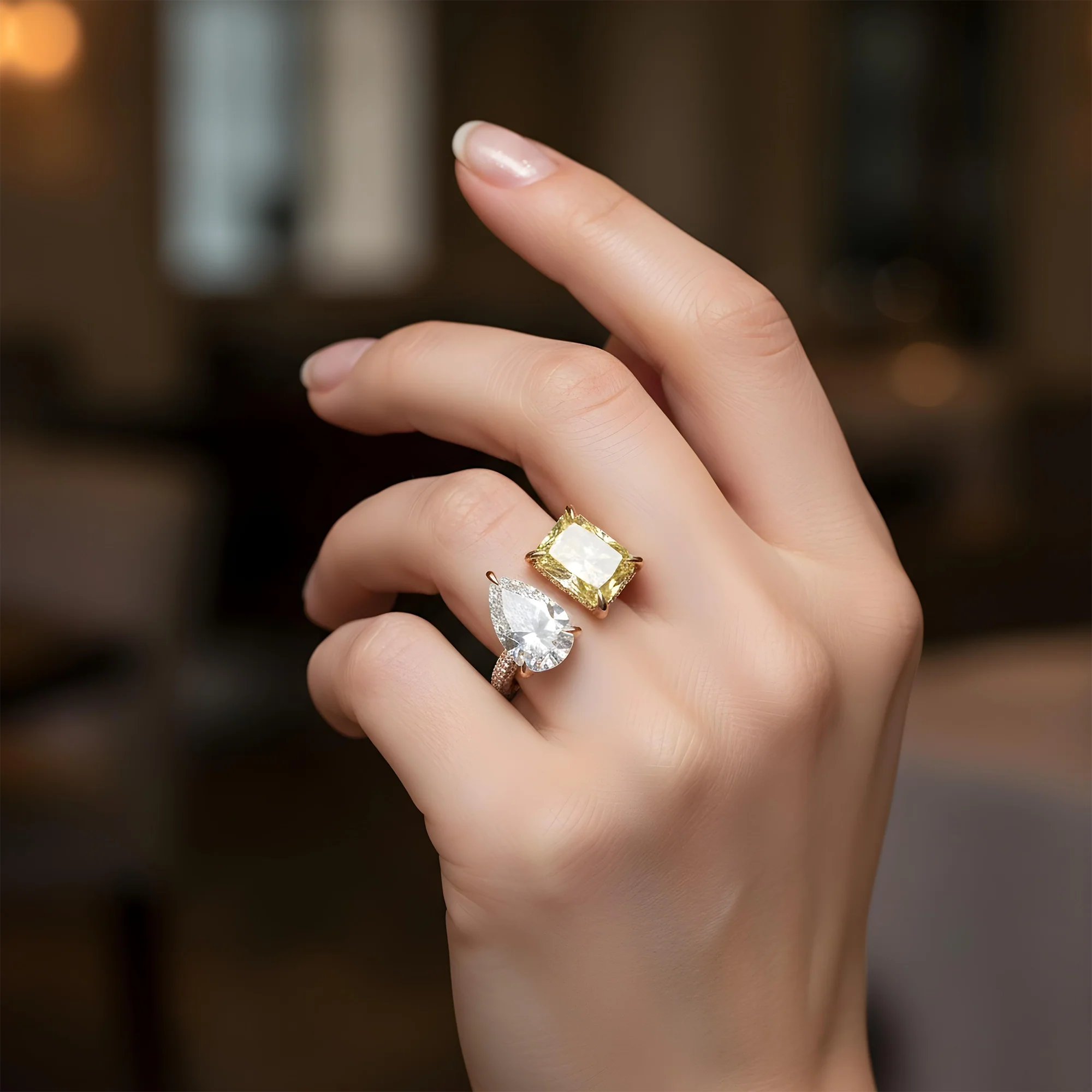 18K Yellow Gold Pear Cut & Fancy Yellow Radiant Cut Diamond Toi et Moi Ring 7.27ctw - Image 9