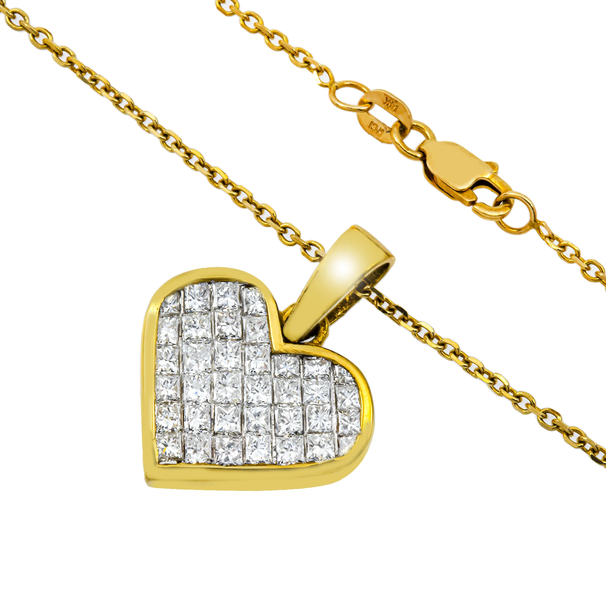 18K Yellow Gold Princess Cut Diamond Heart Necklace 2.95ct - Image 3