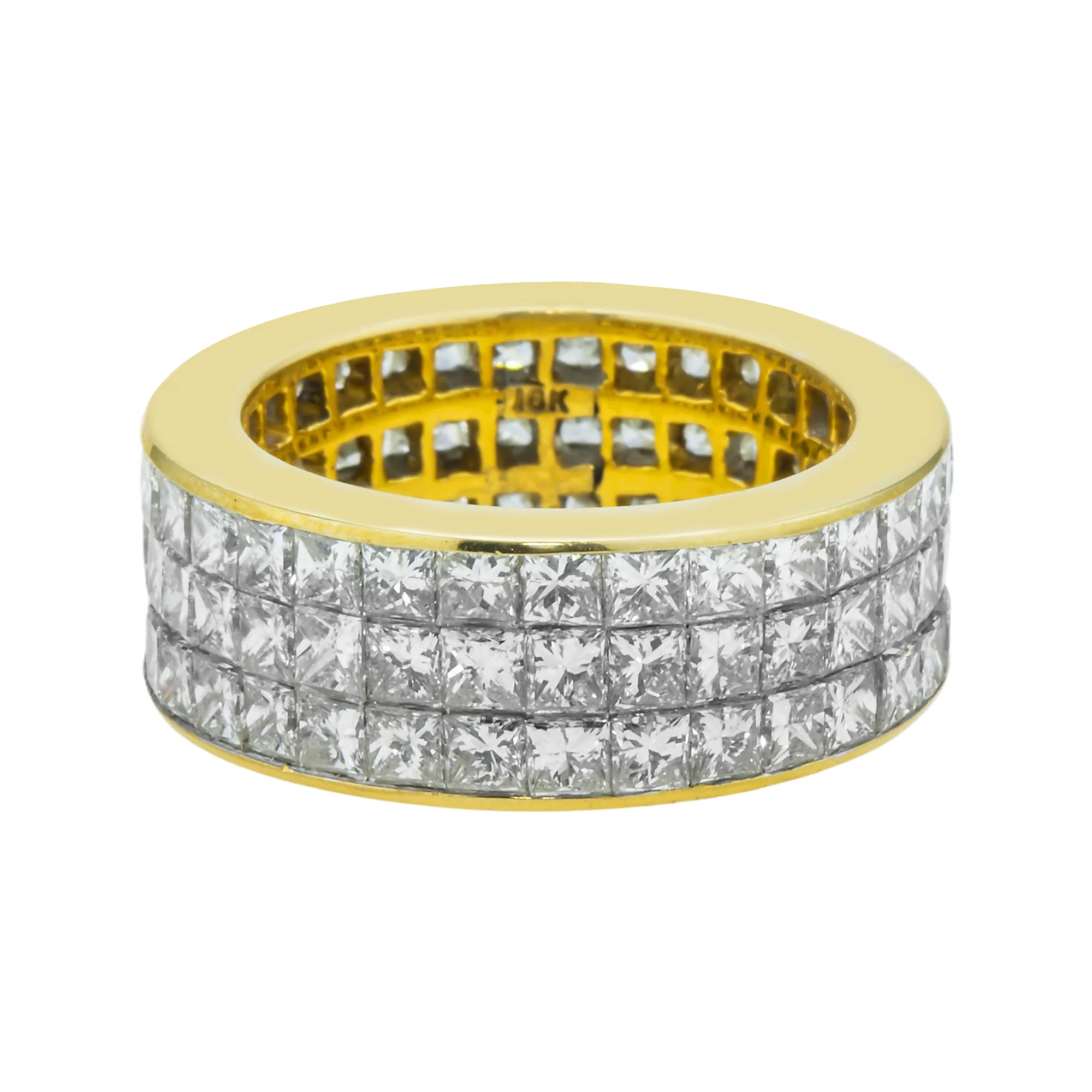 18K Yellow Gold Triple Row Princess Cut Diamond Eternity Ring 6.96ct
