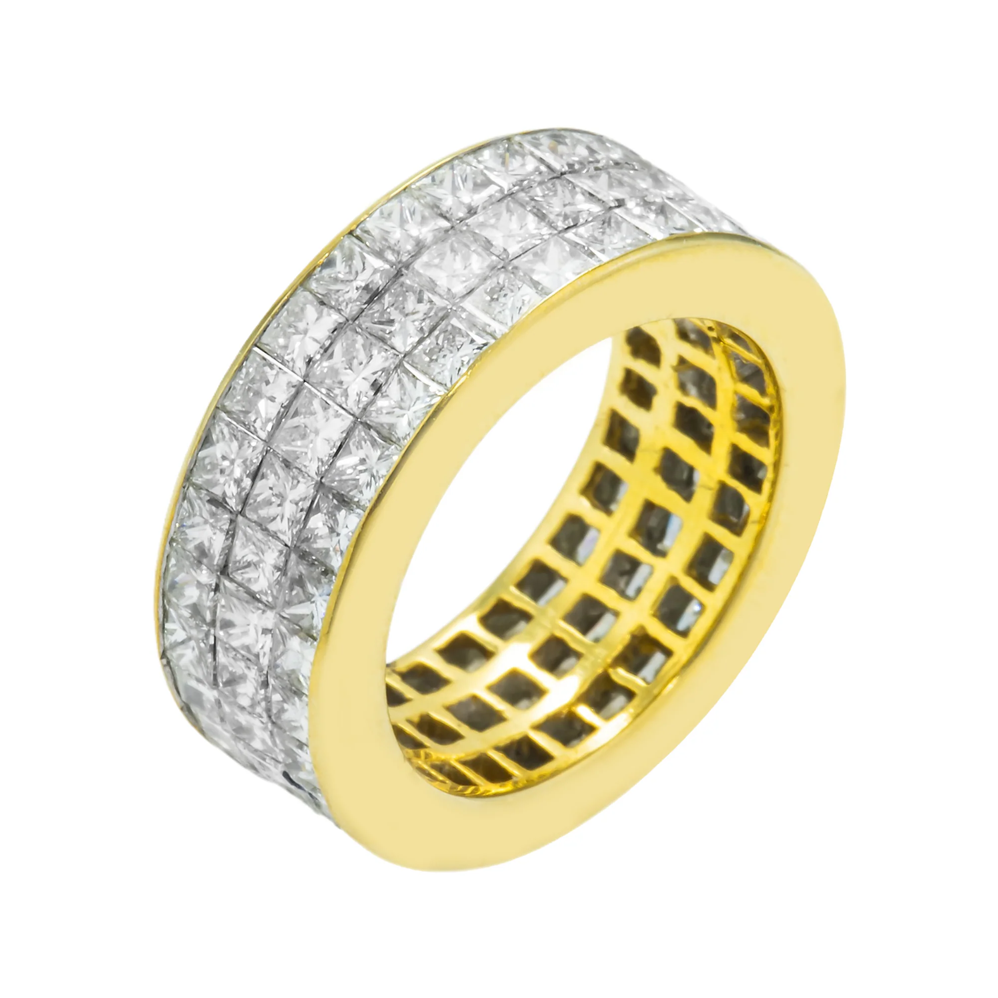 18K Yellow Gold Triple Row Princess Cut Diamond Eternity Ring 6.96ct - Image 5