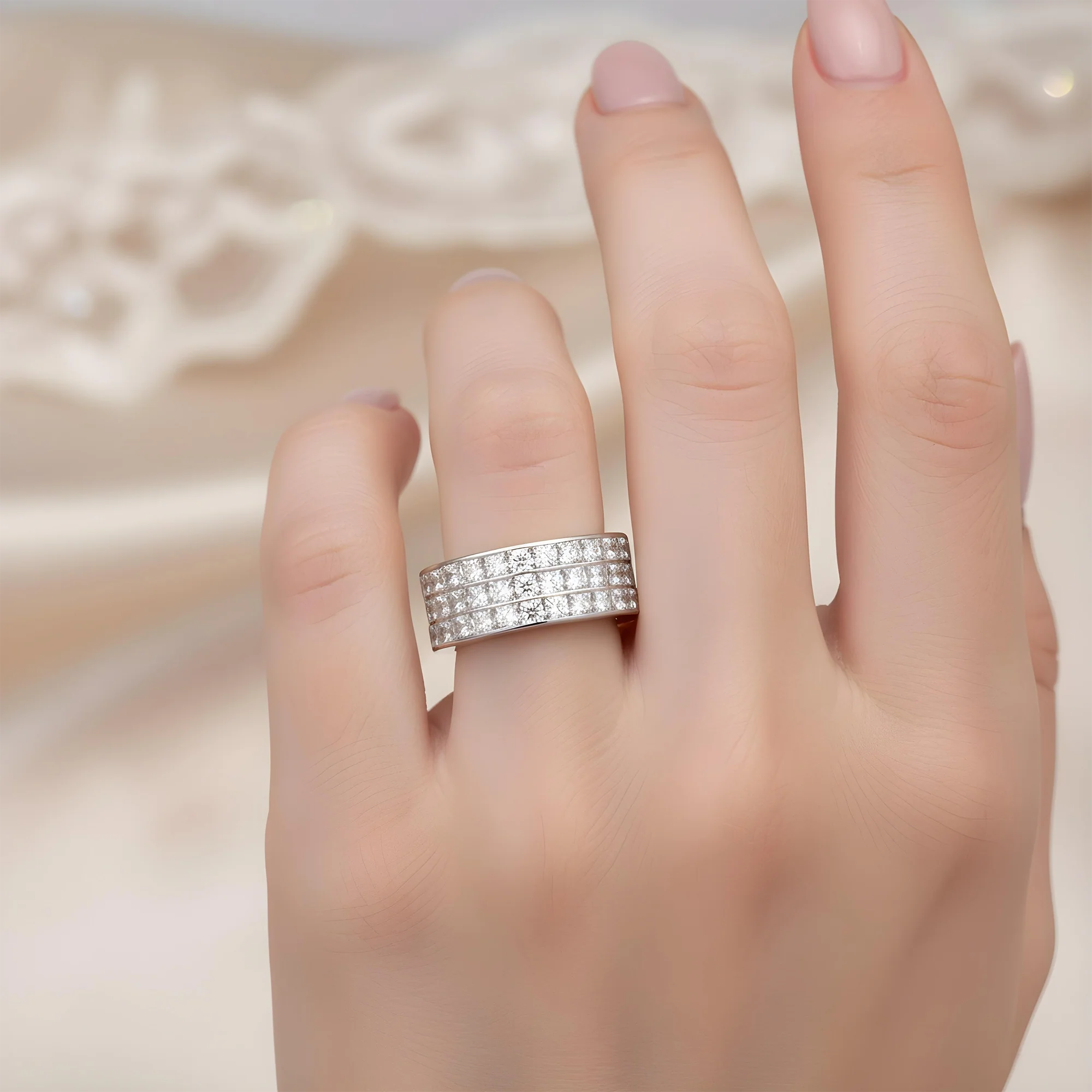 18K Yellow Gold Triple Row Princess Cut Diamond Eternity Ring 6.96ct - Image 7