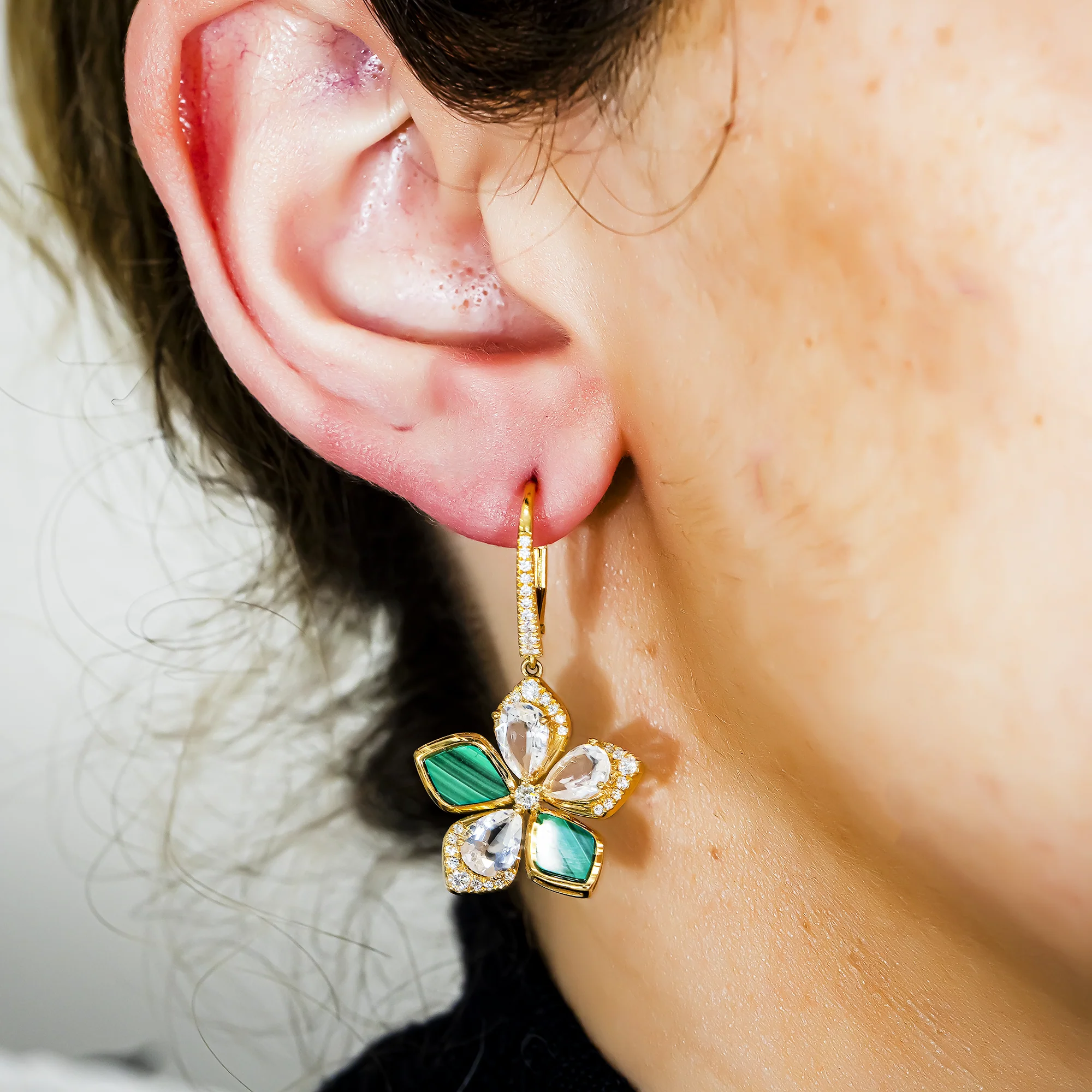 18K Yellow Gold White Quartz/Malachite & Diamond Flower Drop Earrings 0.59ctw - Image 2