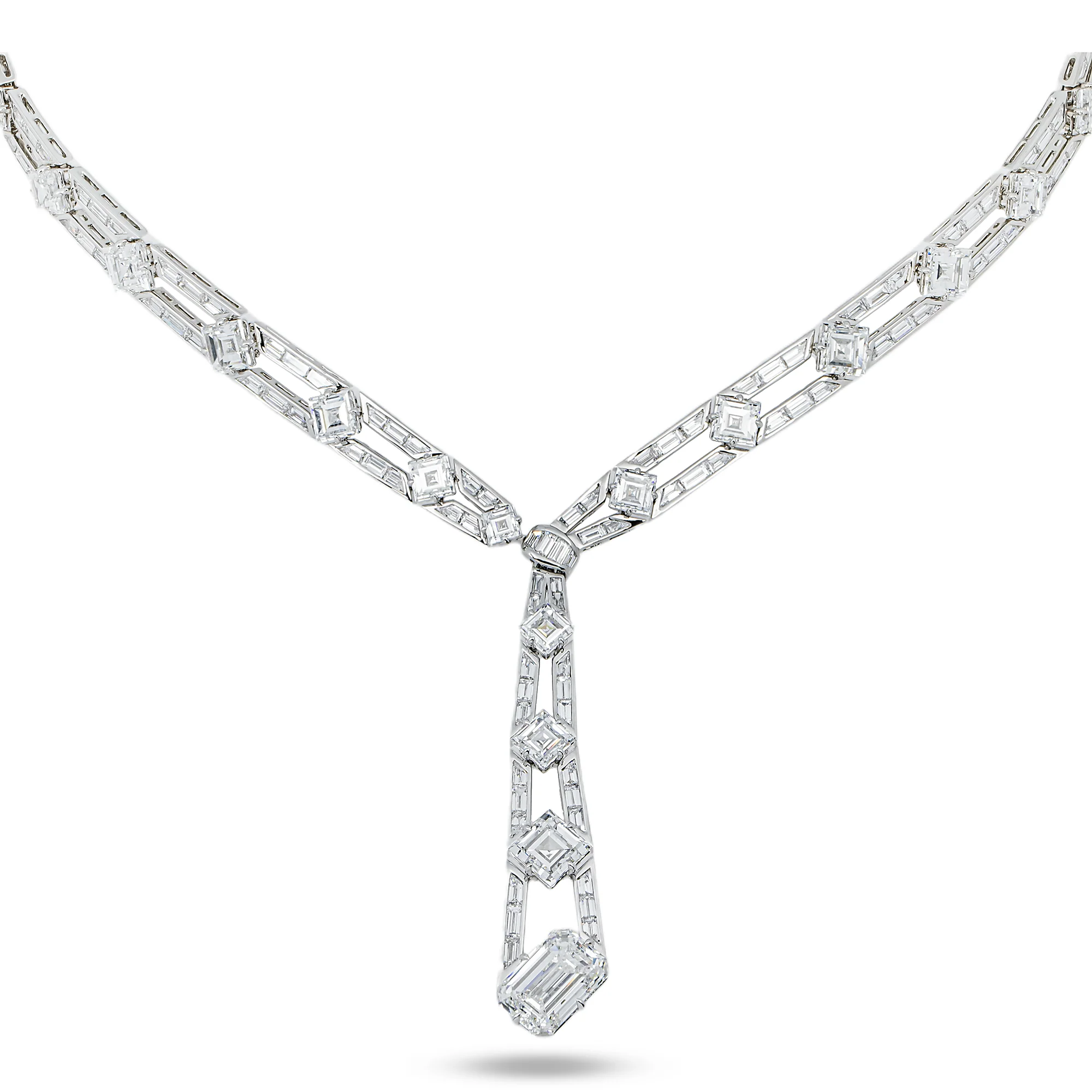 18K White Gold Asscher & Emerald Diamond Drop Necklace 52.25ct