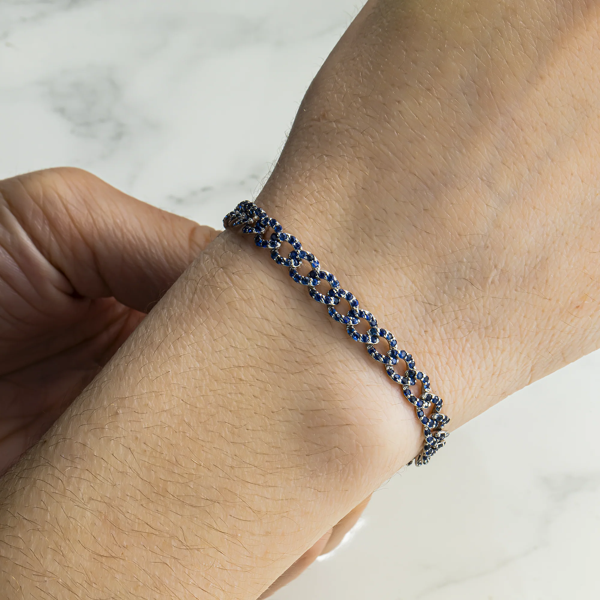 14K White Gold 6mm Sapphire Cuban Link Bracelet - Image 2