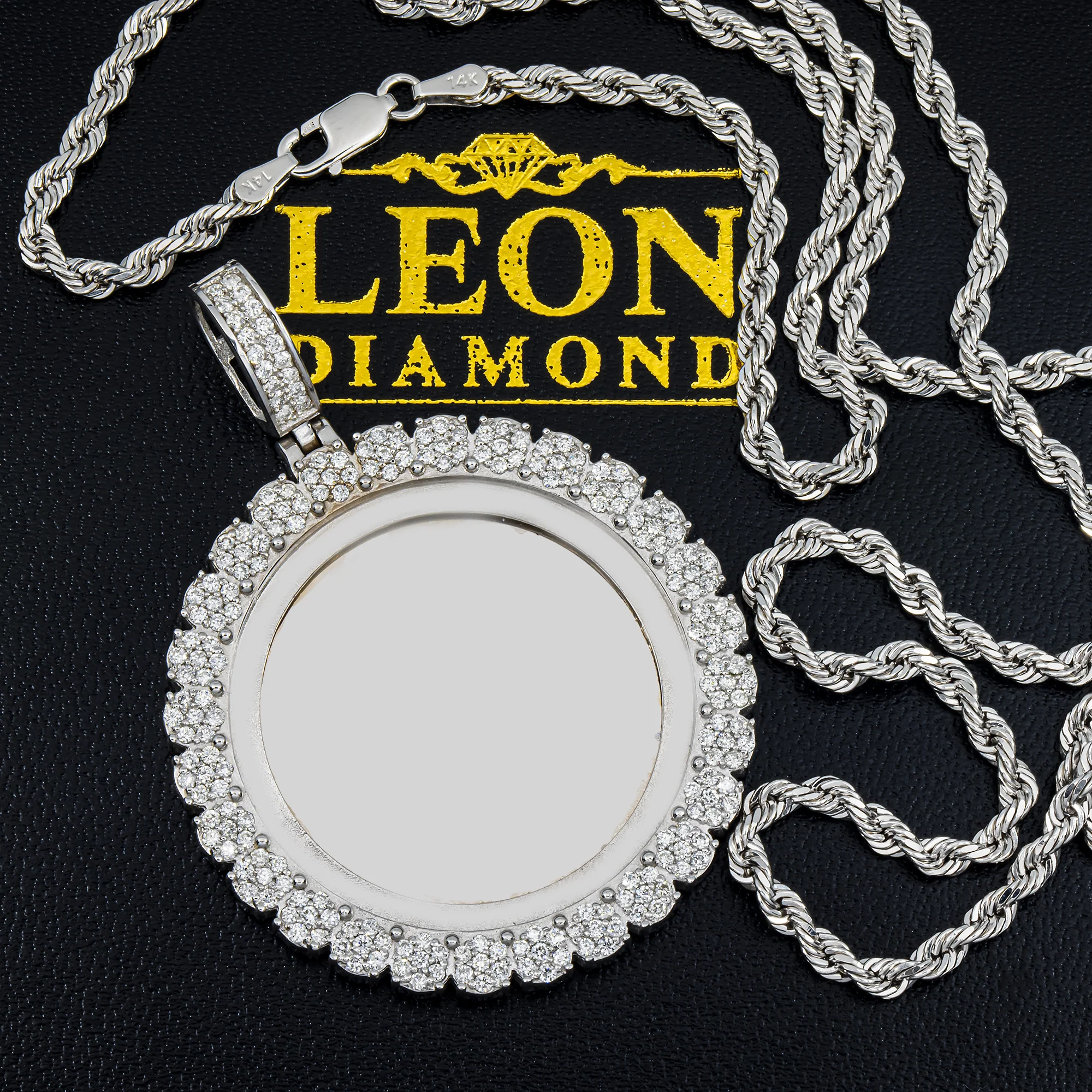Add Your Own Photo 1.5" - Solid 14K White Gold Round Cluster Diamond Picture Pendant 2.20ct - Image 5