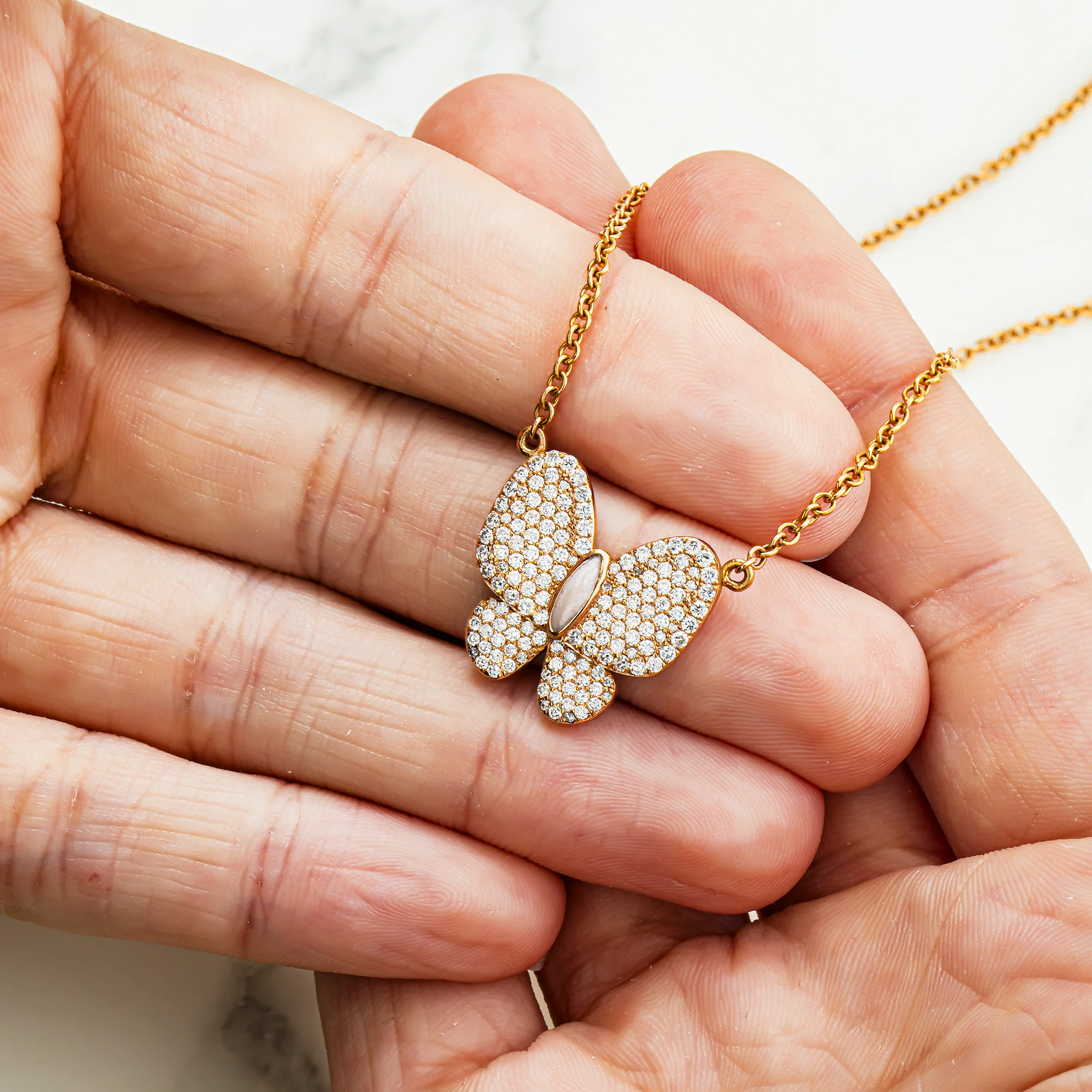 Double Sided - 14K Rose Gold Mother of Pearl & Diamond Butterfly Necklace 1.20ct - Image 3