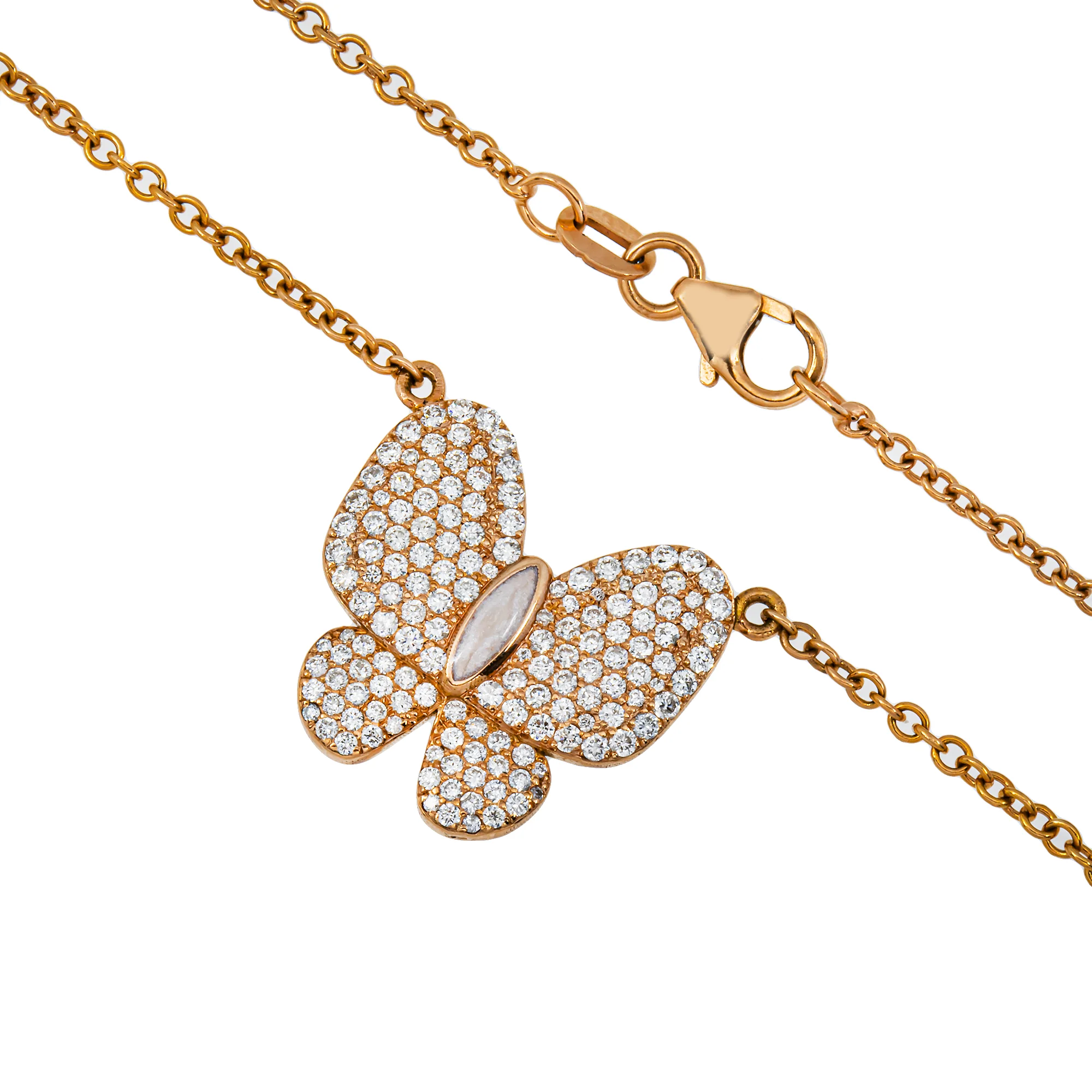 Double Sided - 14K Rose Gold Mother of Pearl & Diamond Butterfly Necklace 1.20ct - Image 5