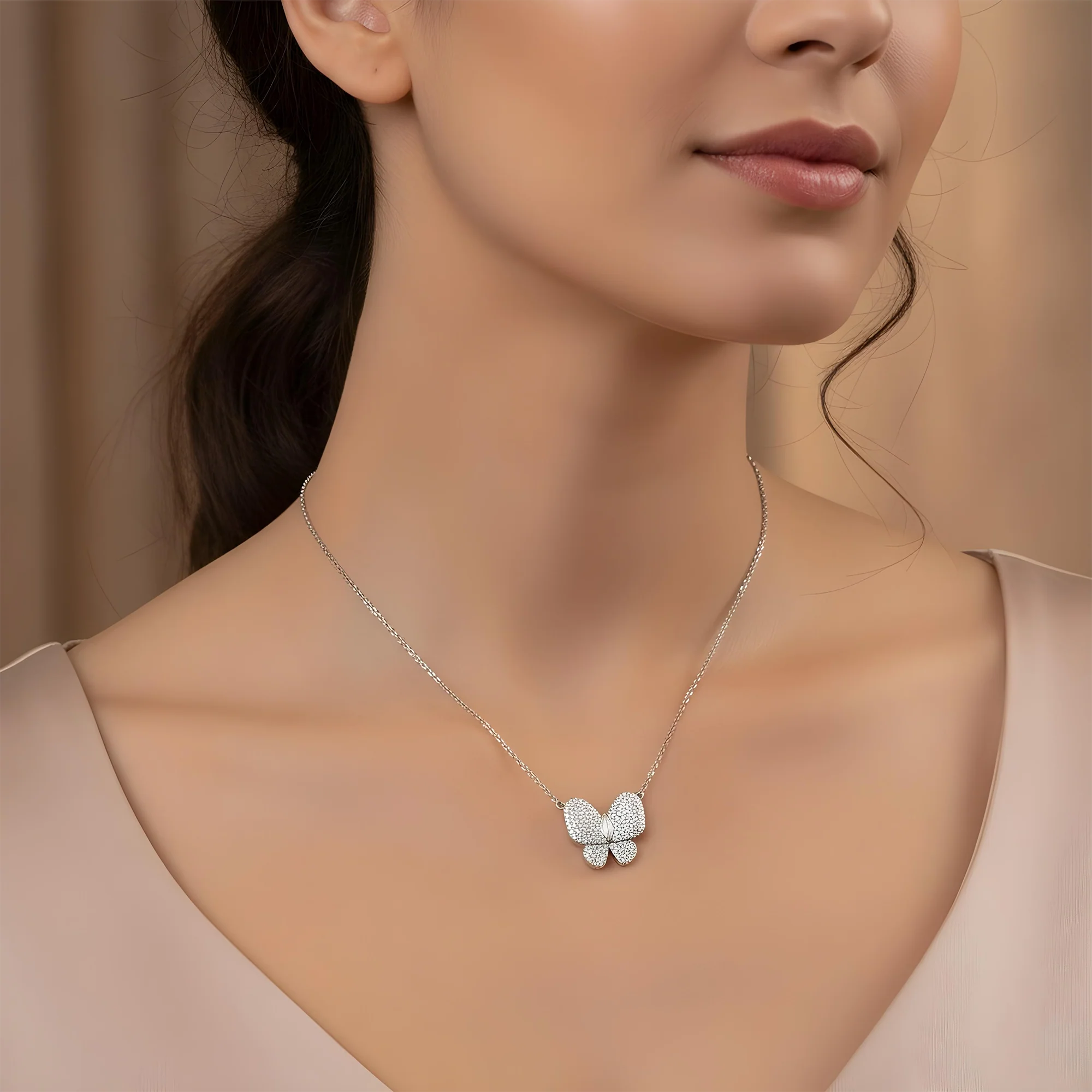 Double Sided - 14K Rose Gold Mother of Pearl & Diamond Butterfly Necklace 1.20ct - Image 7