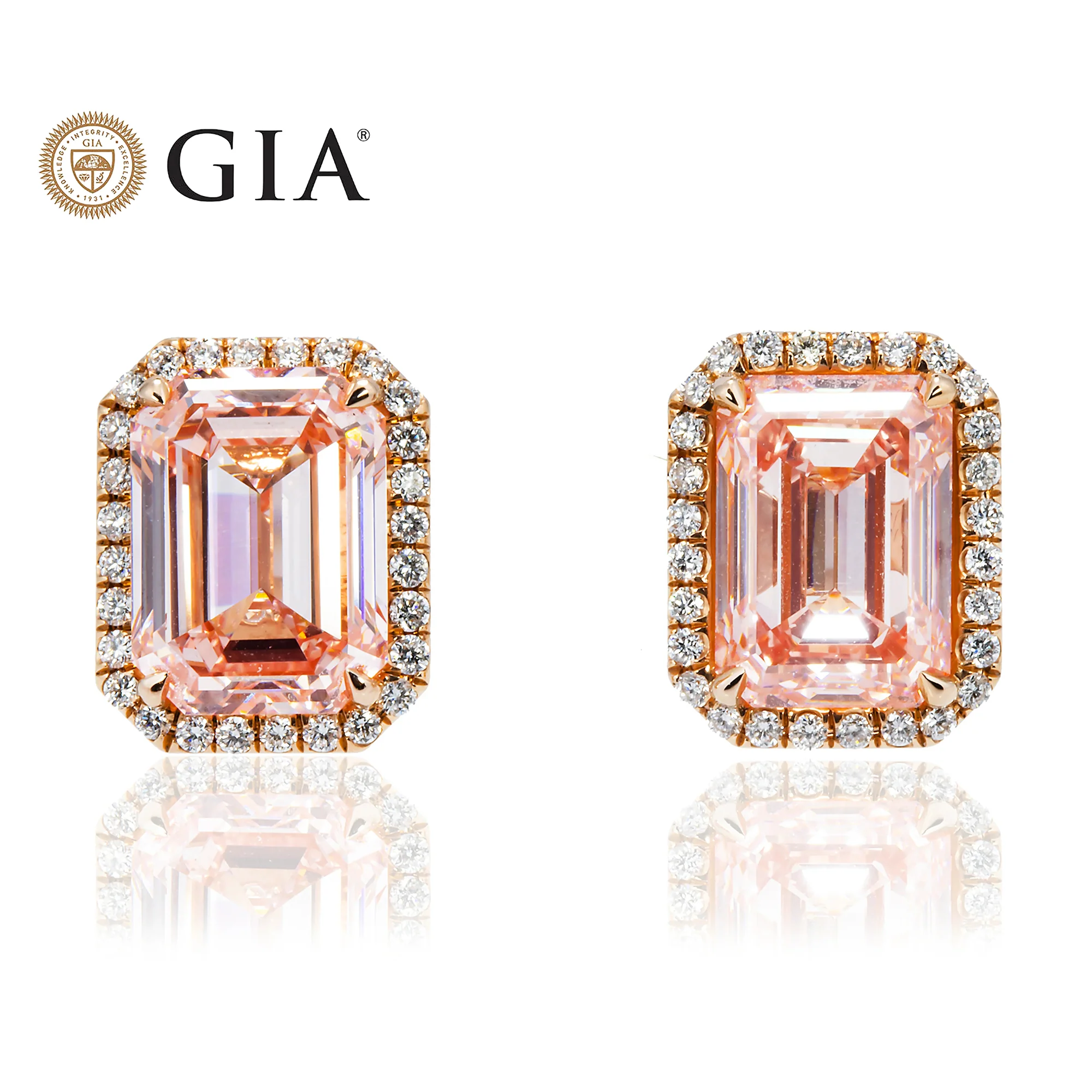 GIA 18K Rose Gold Emerald Cut Fancy Vivid Pink Diamond Stud Earrings 12.10ctw - Image 11