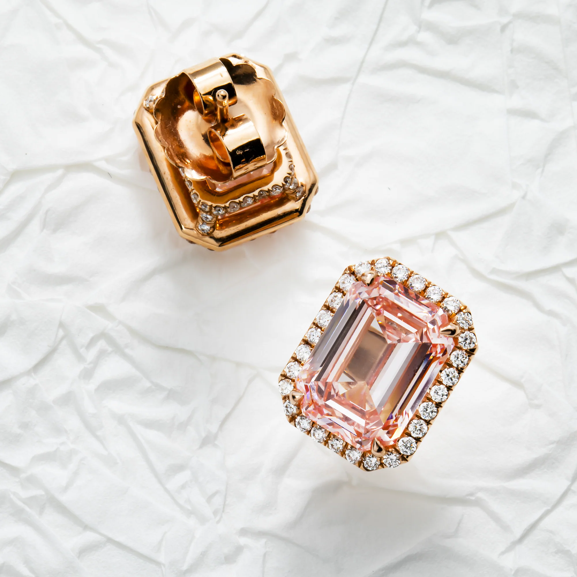 GIA 18K Rose Gold Emerald Cut Fancy Vivid Pink Diamond Stud Earrings 12.10ctw - Image 2