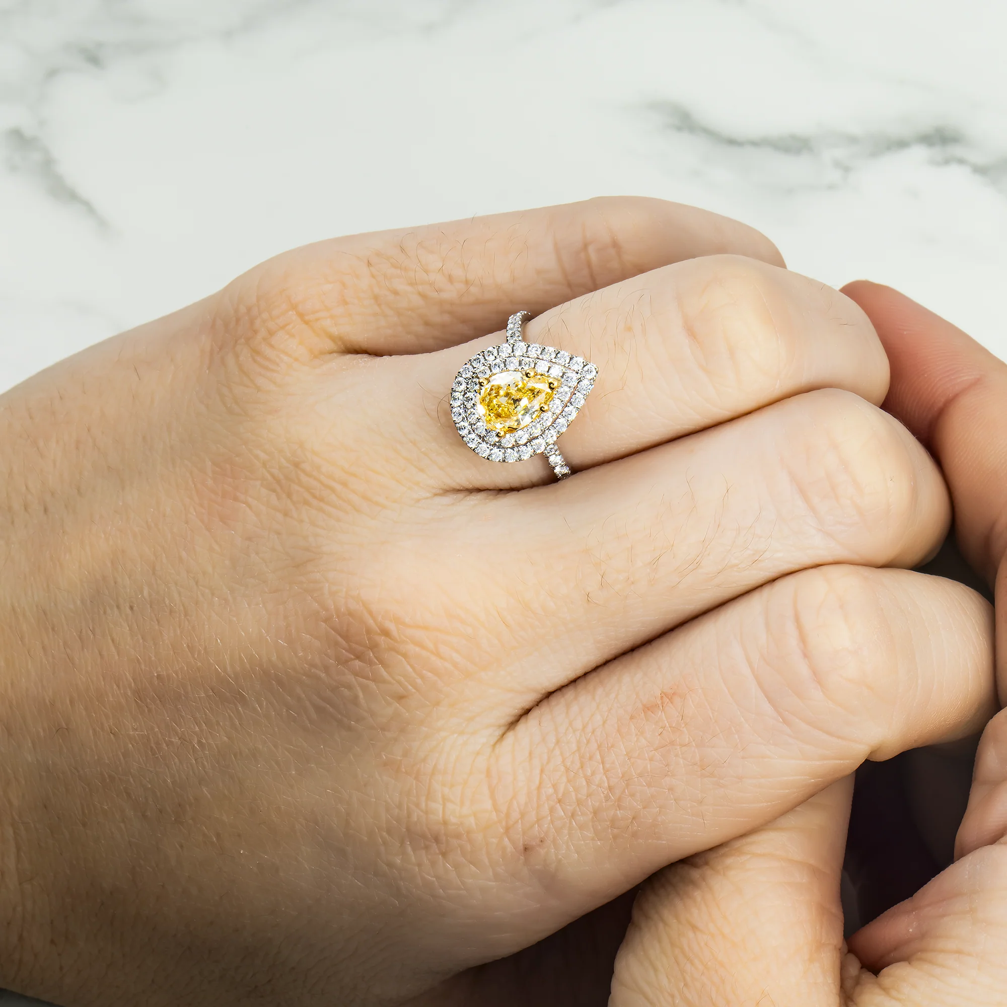 GIA 18K White Gold 1.03ct Pear Cut Fancy Yellow Diamond Ring 1.73ctw - Image 3