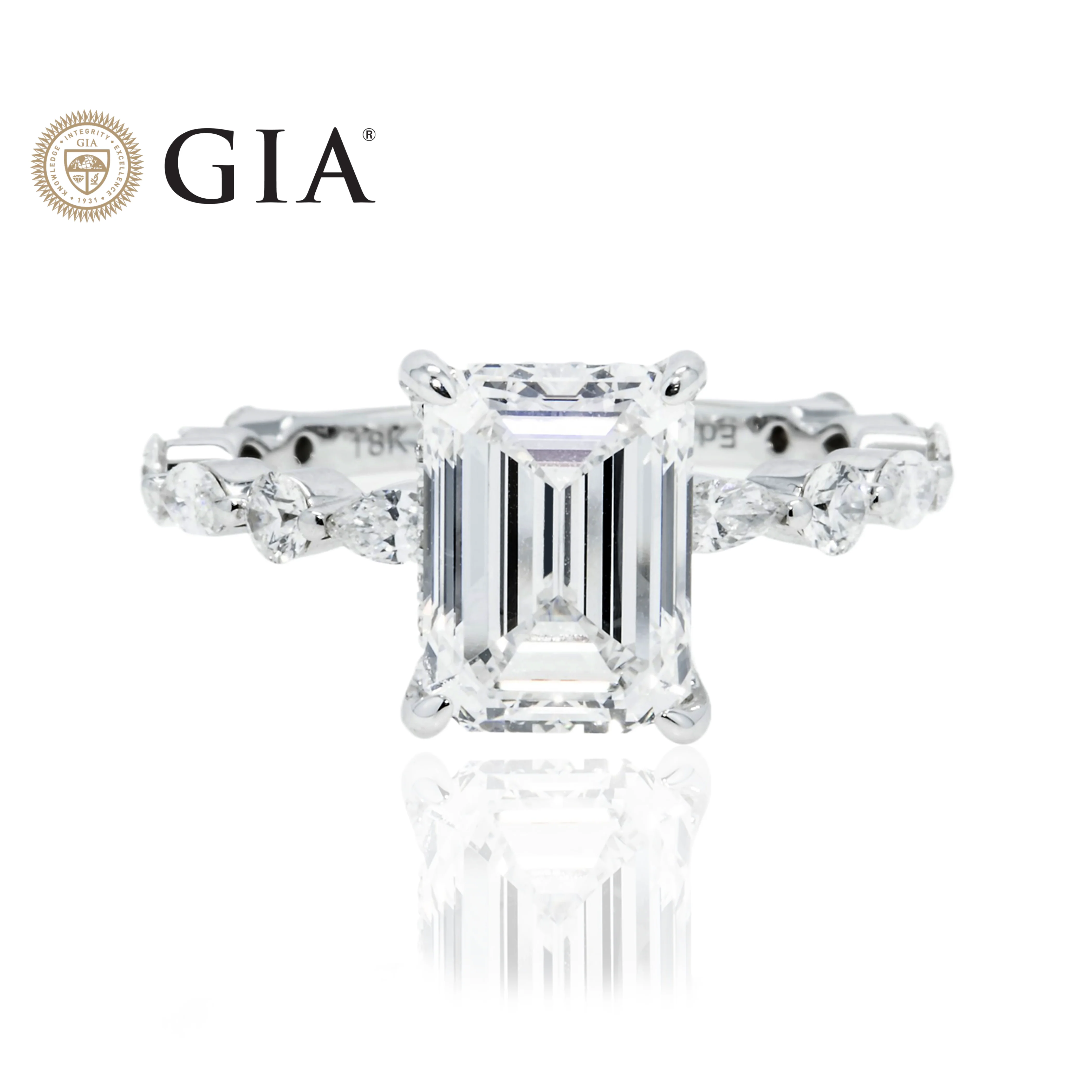 GIA 18K White Gold 3.01ct Emerald Cut Diamond Engagement Ring 3.93ctw
