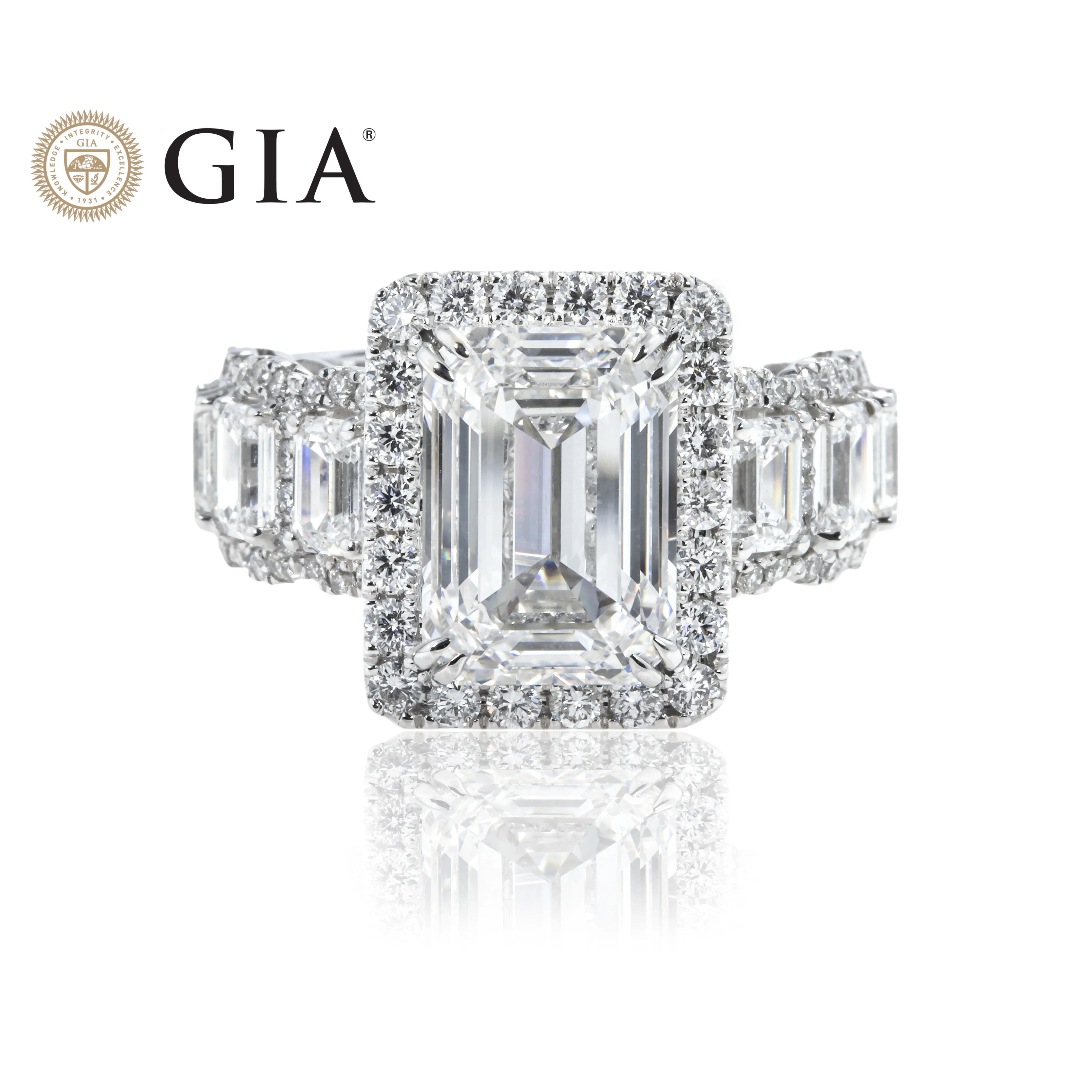 GIA 18K White Gold 5.0ct Emerald Cut Diamond Engagement Ring 8.03ctw