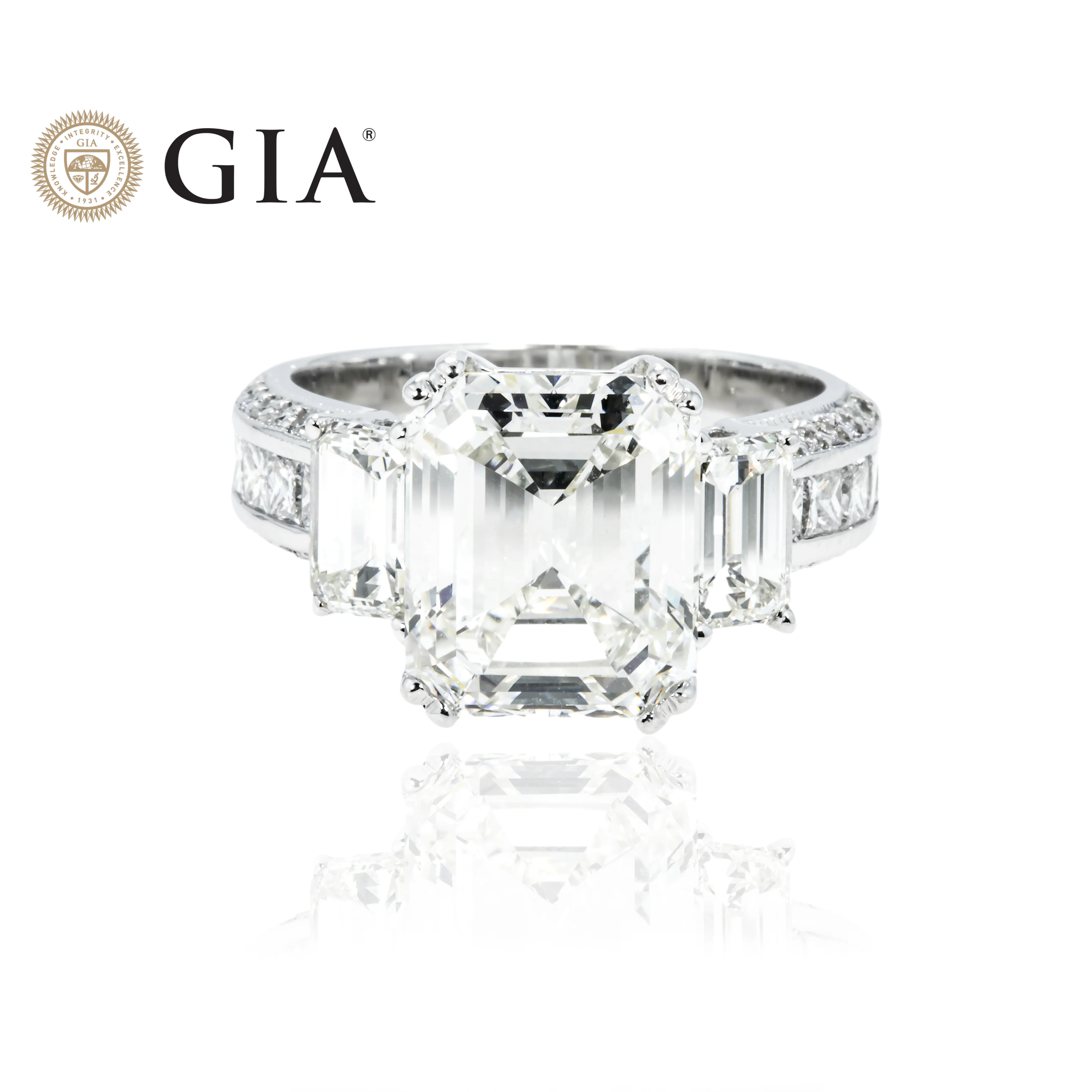 GIA 18K White Gold 5.11ct Triple Emerald Cut Diamond Engagement Ring 7.09ctw