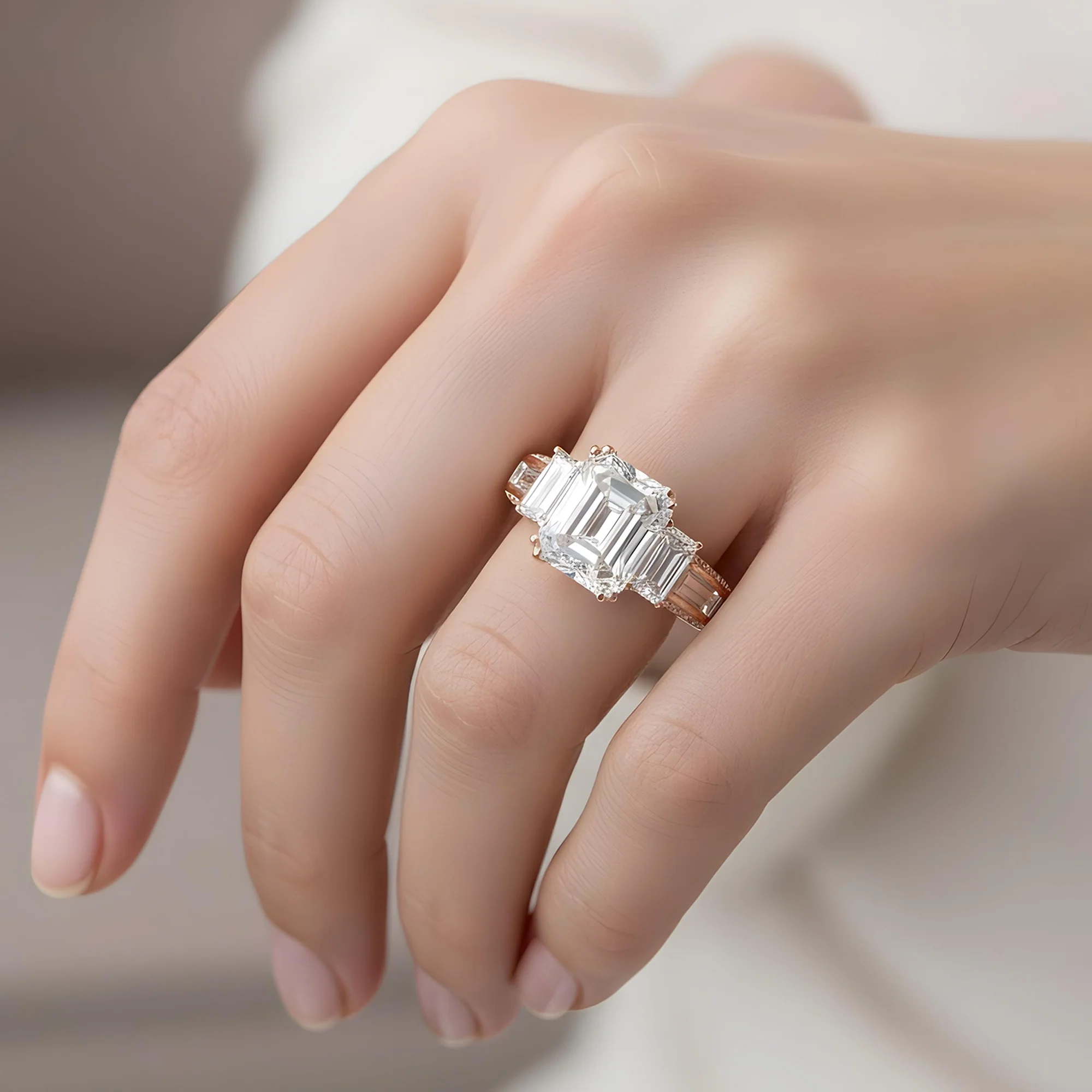 GIA 18K White Gold 5.11ct Triple Emerald Cut Diamond Engagement Ring 7.09ctw - Image 10