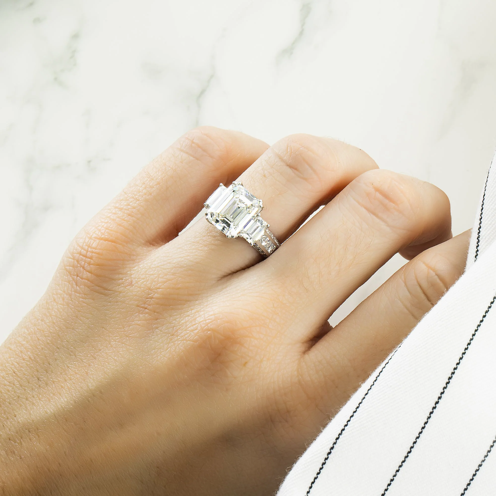 GIA 18K White Gold 5.11ct Triple Emerald Cut Diamond Engagement Ring 7.09ctw - Image 2