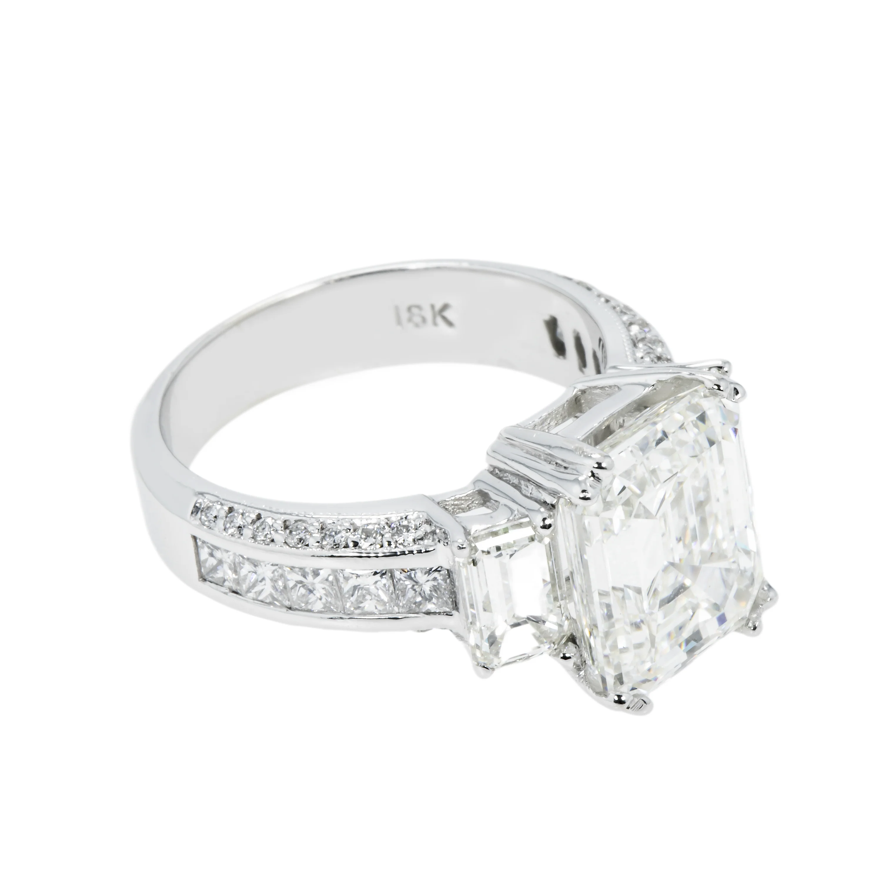 GIA 18K White Gold 5.11ct Triple Emerald Cut Diamond Engagement Ring 7.09ctw - Image 4