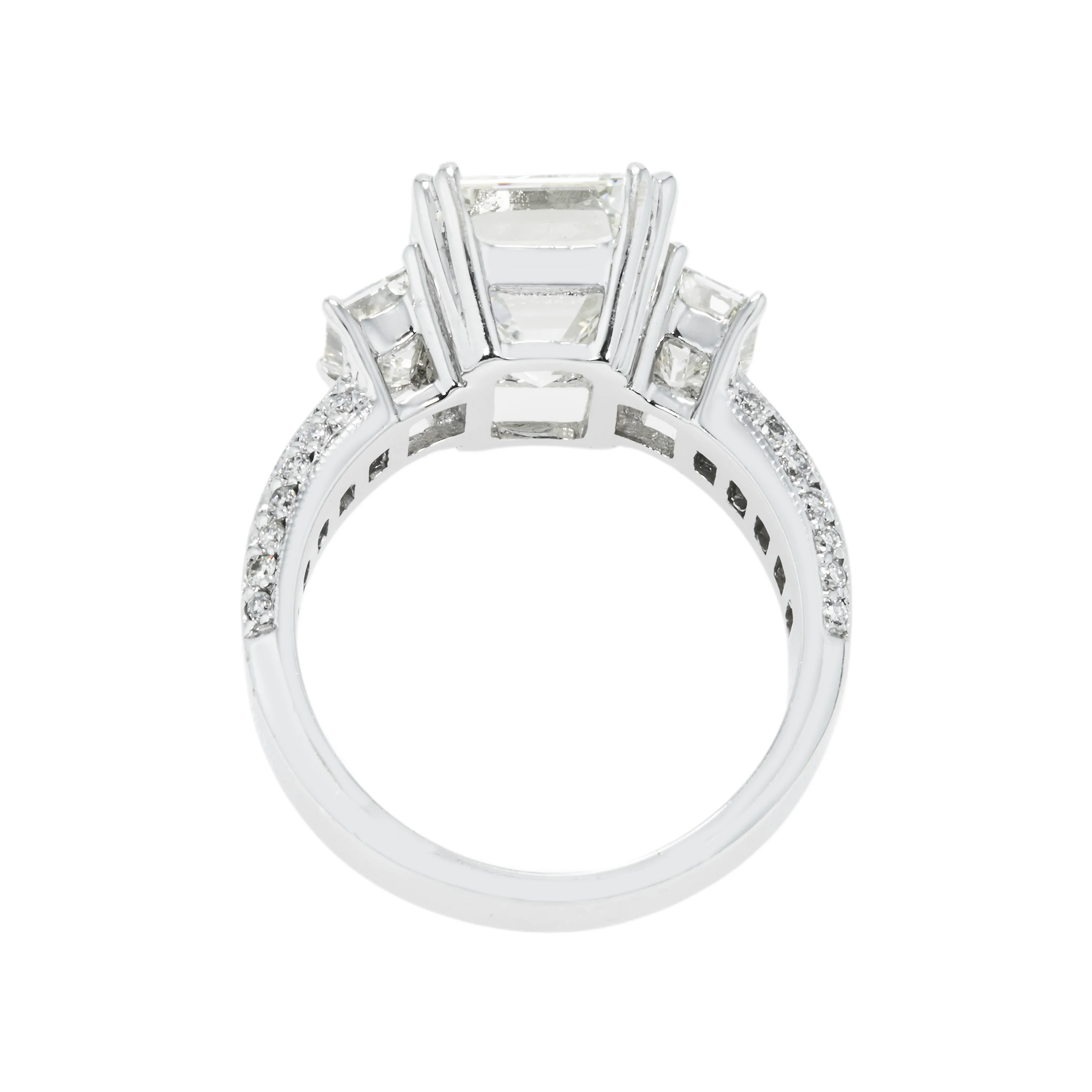 GIA 18K White Gold 5.11ct Triple Emerald Cut Diamond Engagement Ring 7.09ctw - Image 5