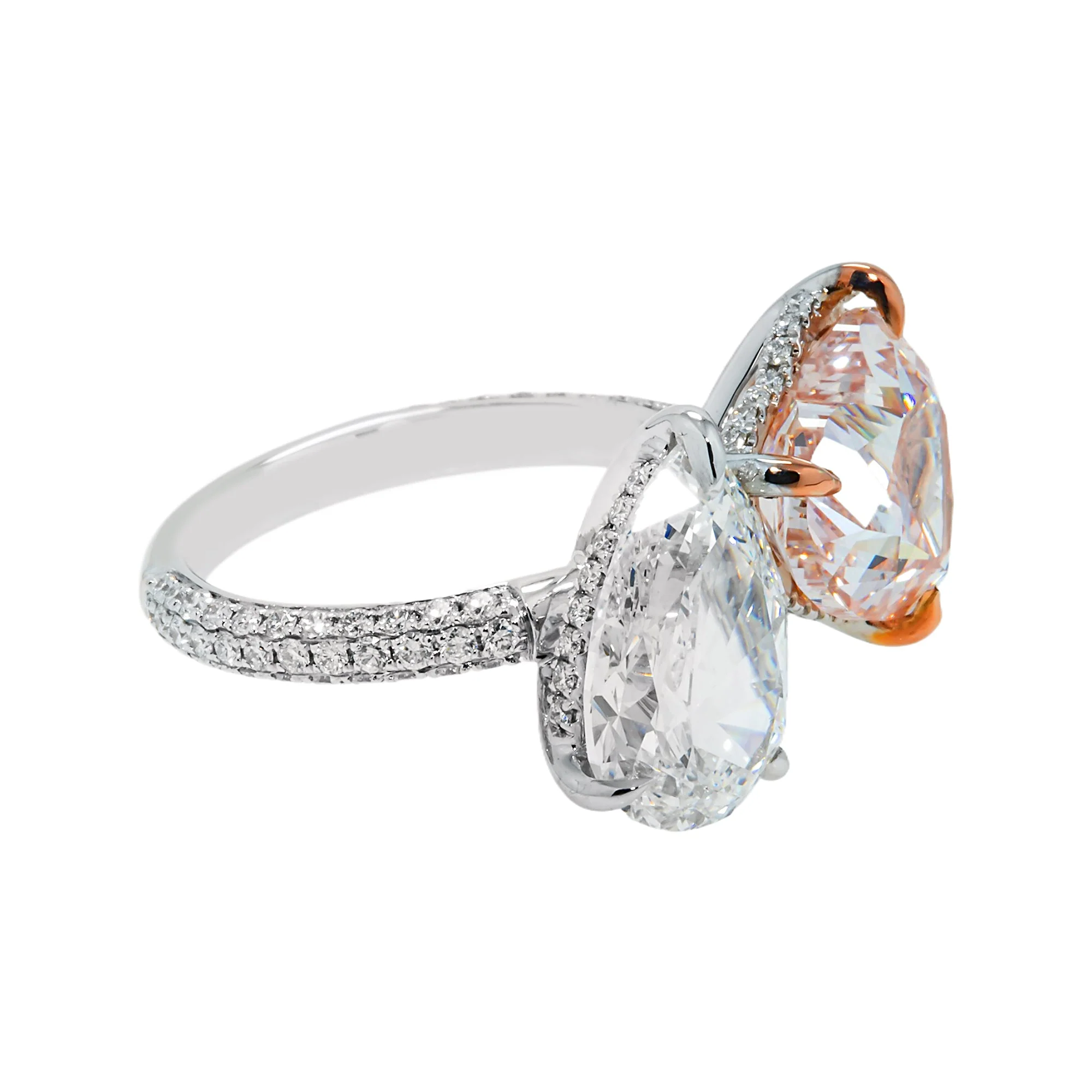 GIA 18K White Gold Pear & Fancy Pink Heart Double Diamond Toi et Moi Ring 9.30ctw - Image 5