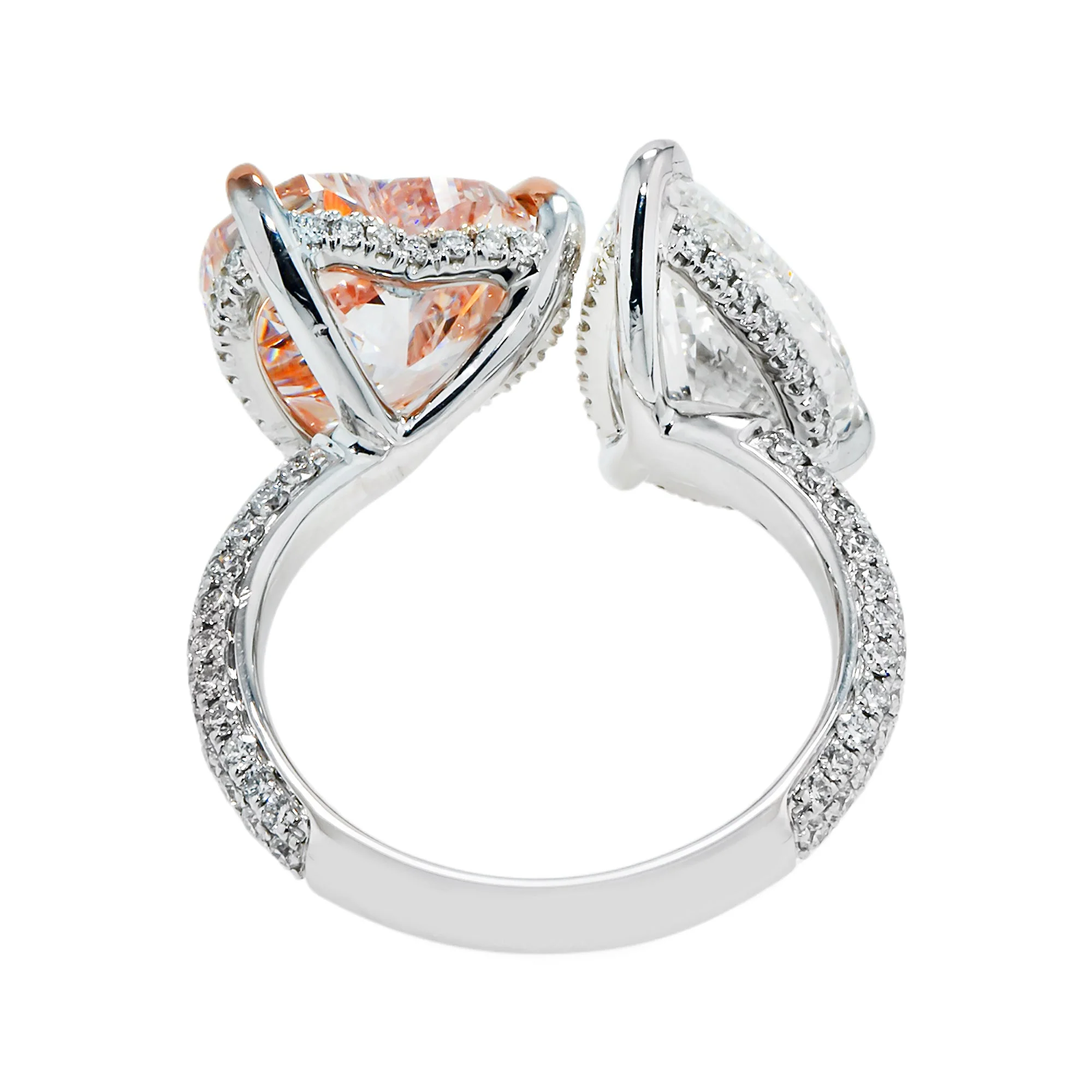 GIA 18K White Gold Pear & Fancy Pink Heart Double Diamond Toi et Moi Ring 9.30ctw - Image 6