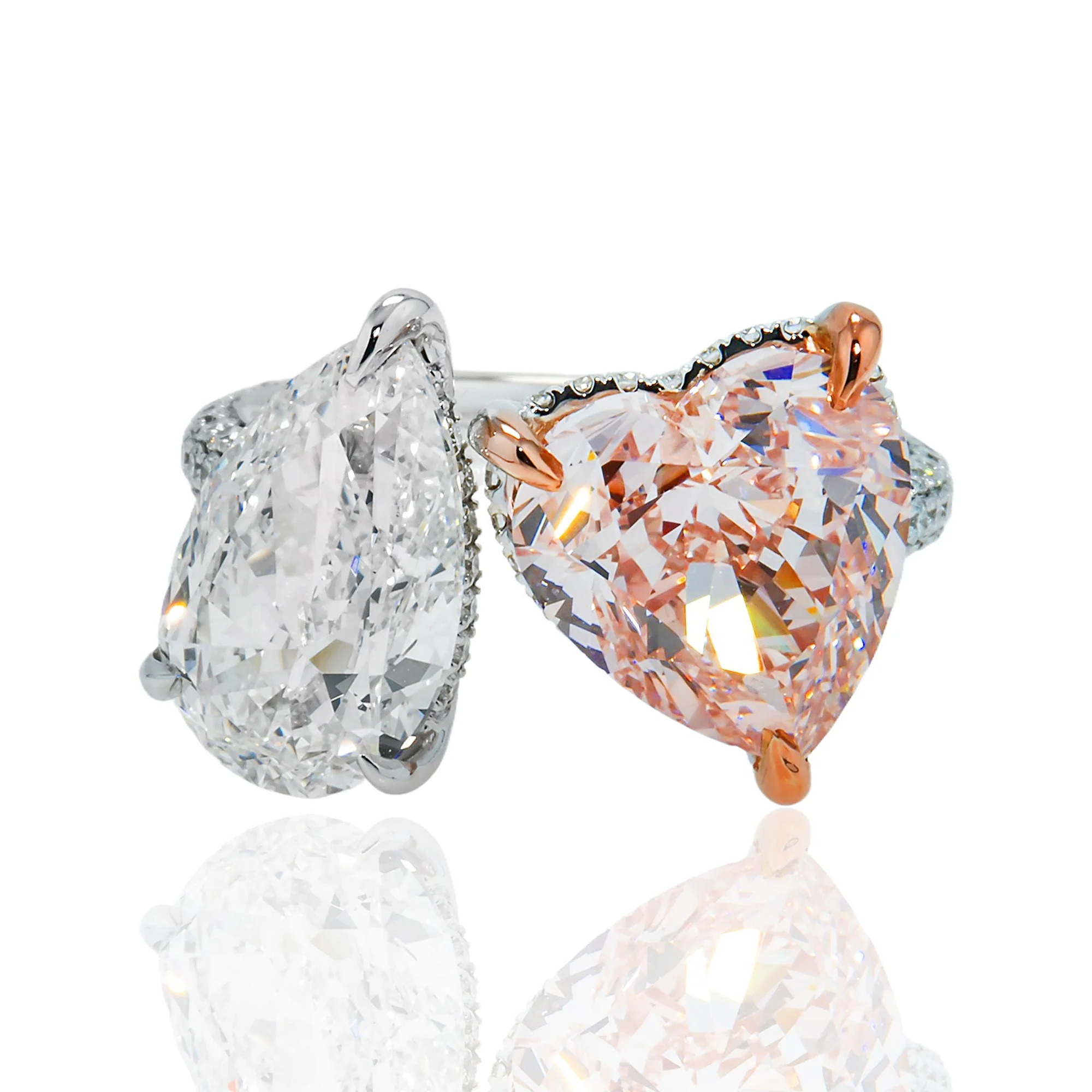 GIA 18K White Gold Pear & Fancy Pink Heart Double Diamond Toi et Moi Ring 9.30ctw - Image 7