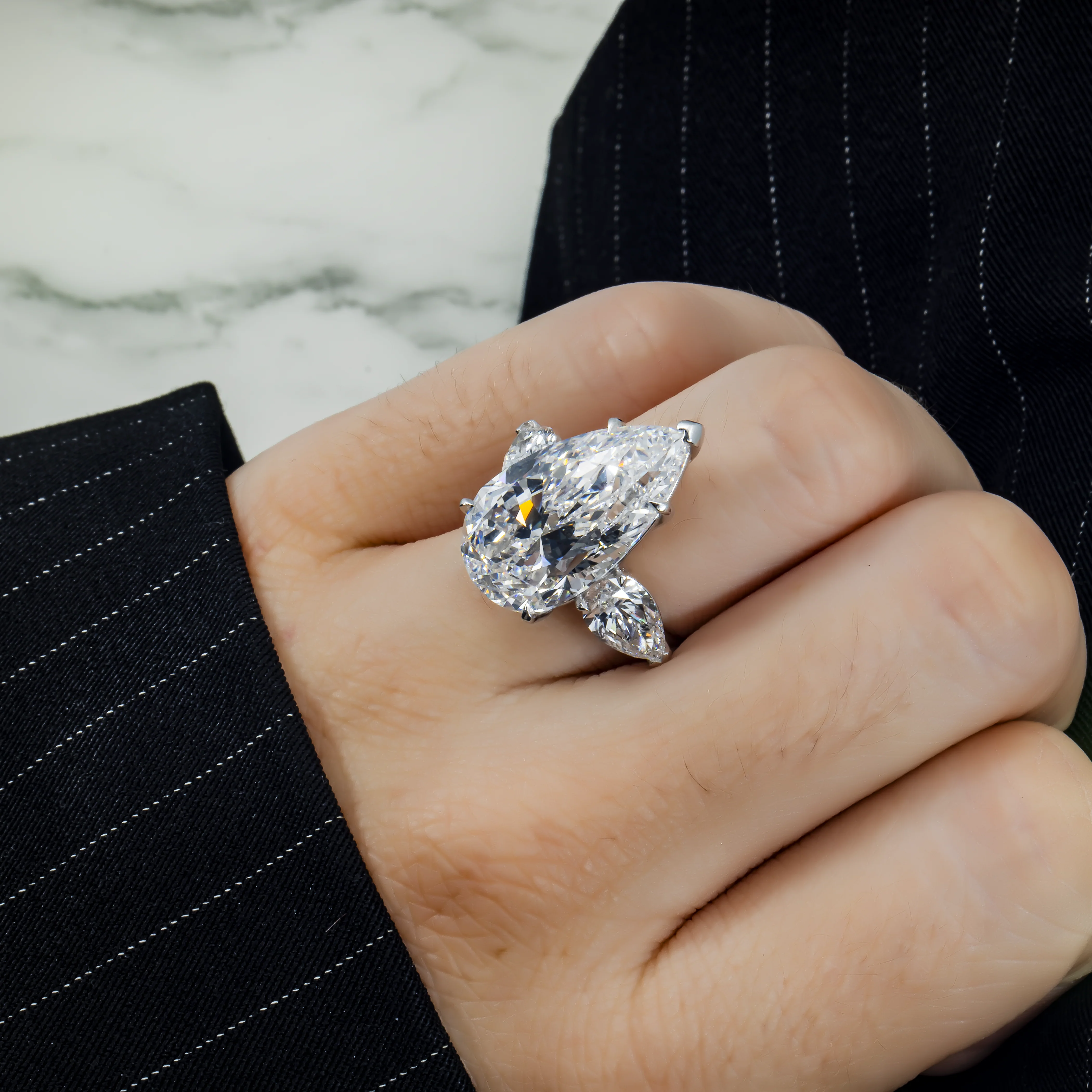 GIA Platinum 13.57ct Triple Pear Cut Diamond Engagement Ring 15.61ctw - Image 3