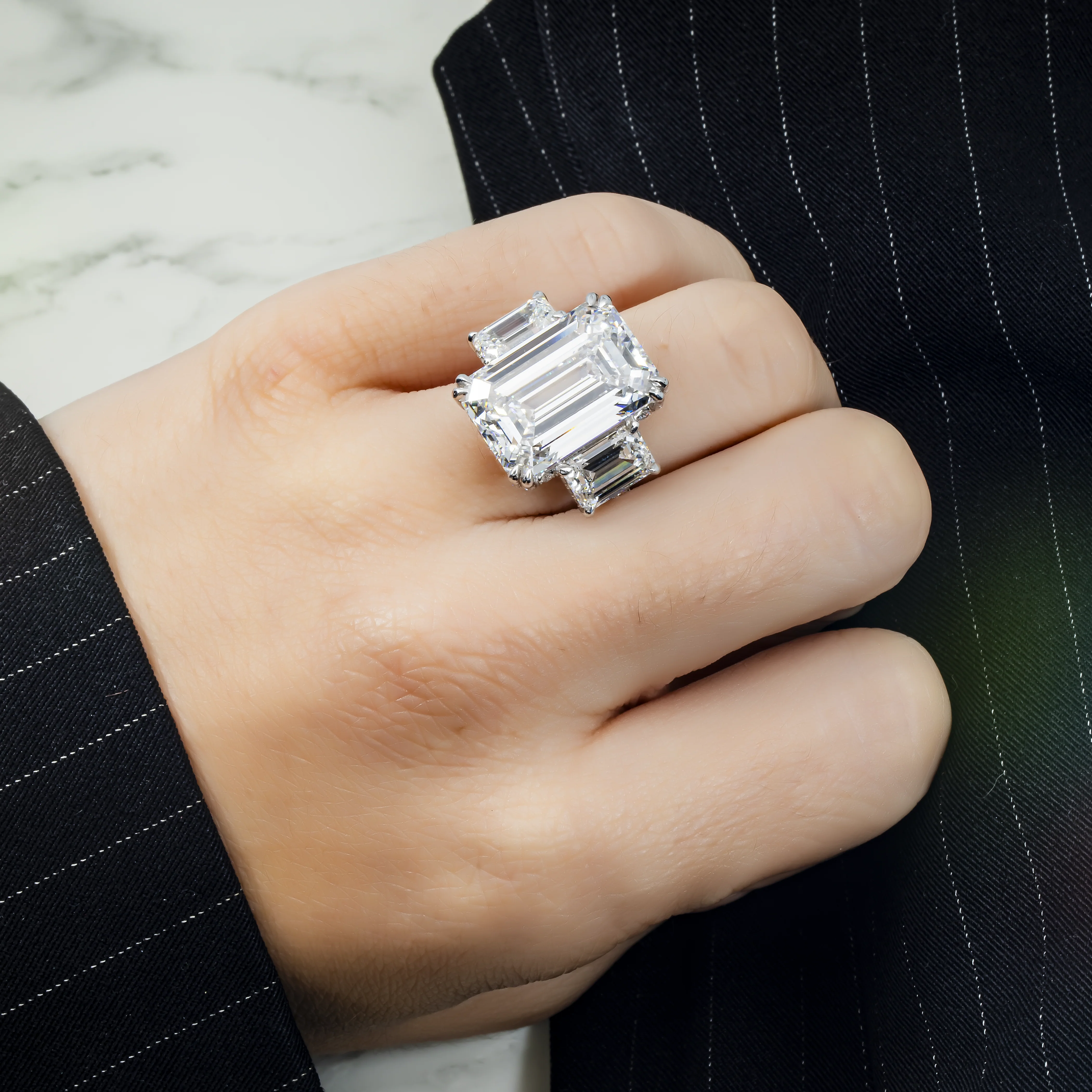 GIA Platinum 18ct Triple Emerald Cut Diamond Engagement Ring 24.42ctw - Image 3