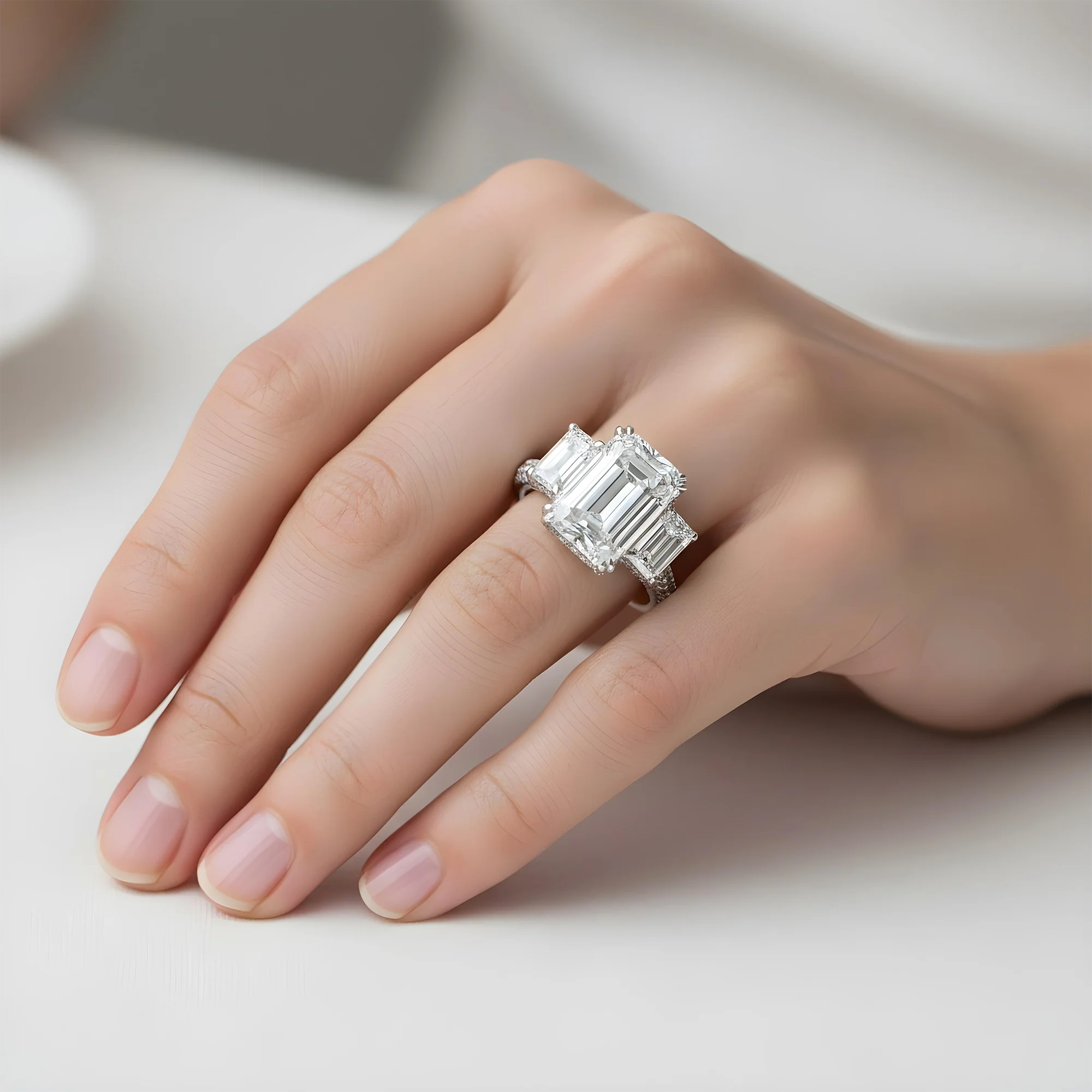 GIA Platinum 18ct Triple Emerald Cut Diamond Engagement Ring 24.42ctw - Image 9