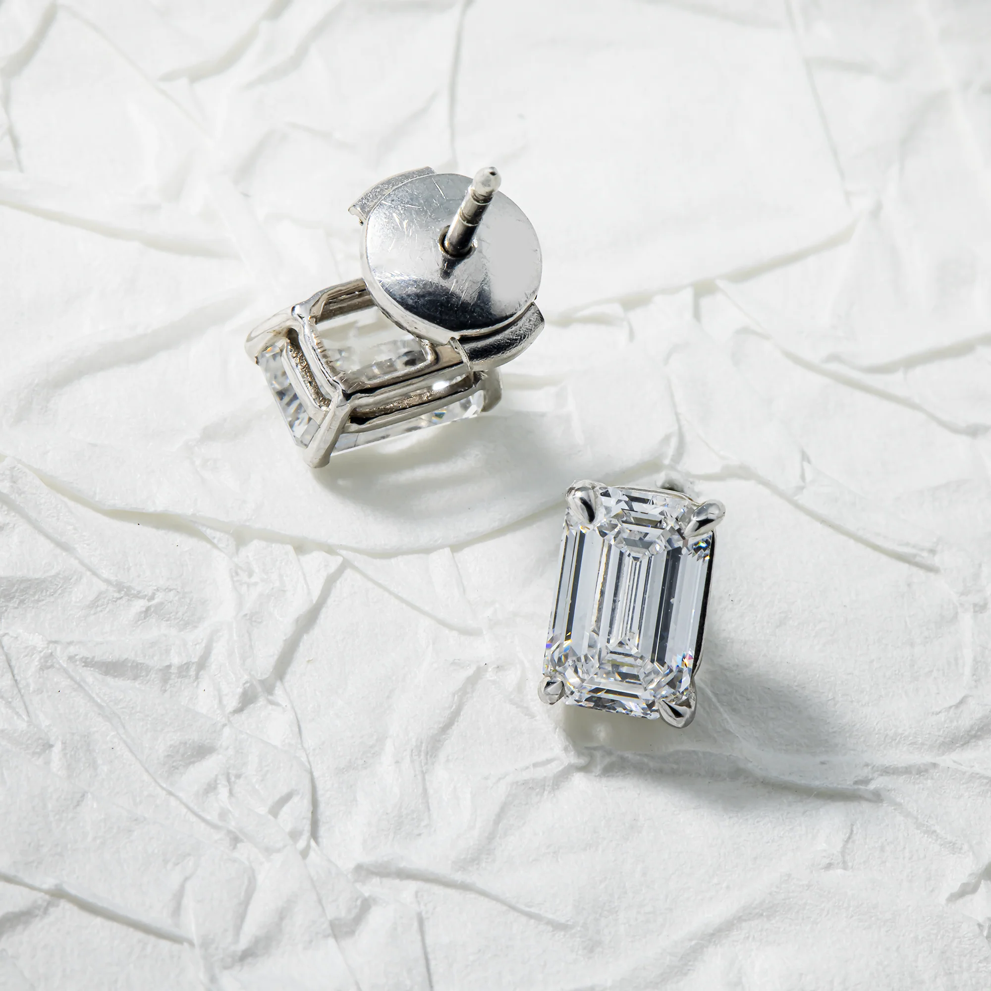 GIA Platinum & 18K White Gold Solitaire Emerald Cut Diamond Studs 2.06ctw - Image 3