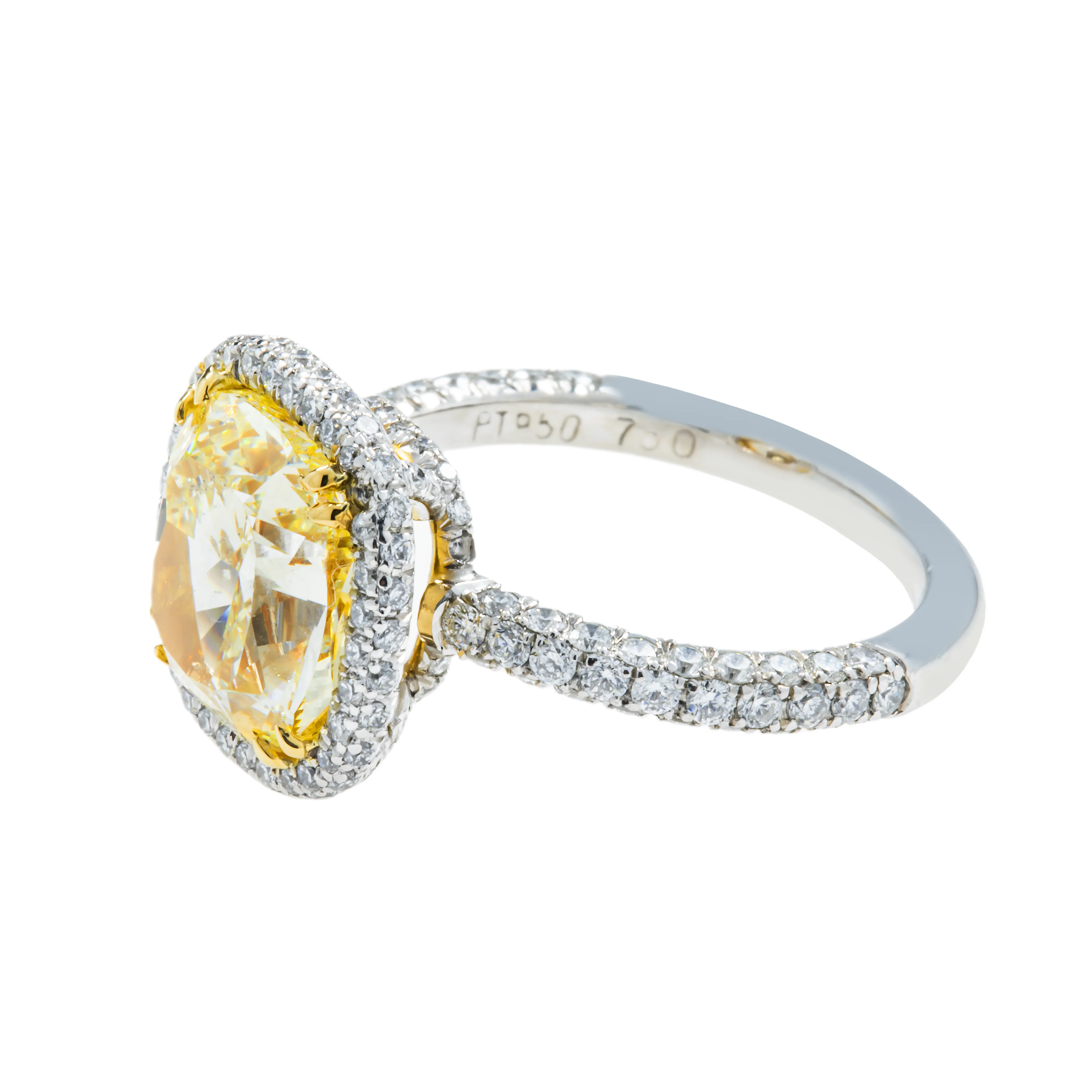 GIA Platinum 5.10ct Cushion Cut Canary Yellow Diamond Ring 5.88ctw - Image 5