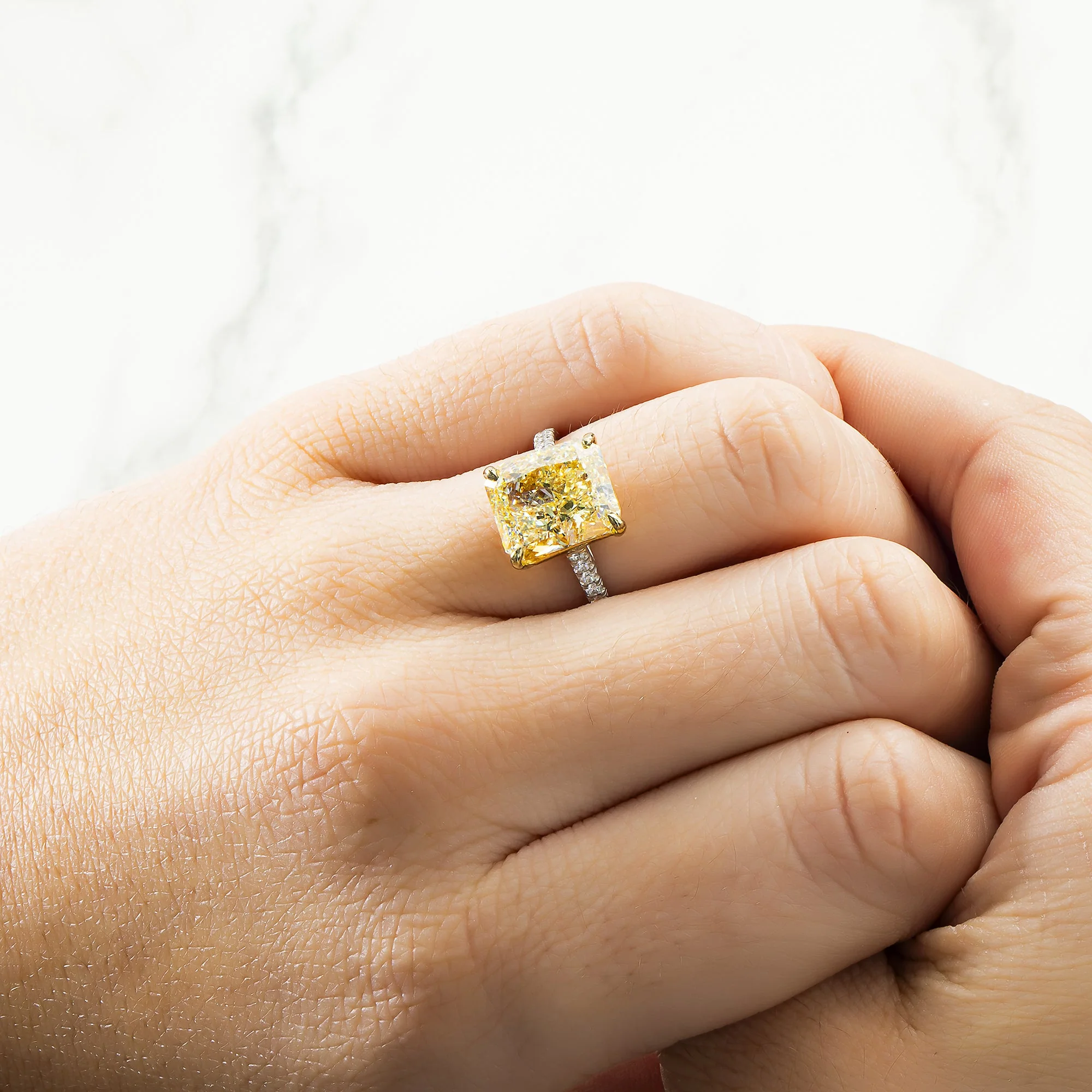 GIA Platinum 6.42ct Radiant Cut Fancy Yellow Diamond Ring 6.82ctw - Image 3