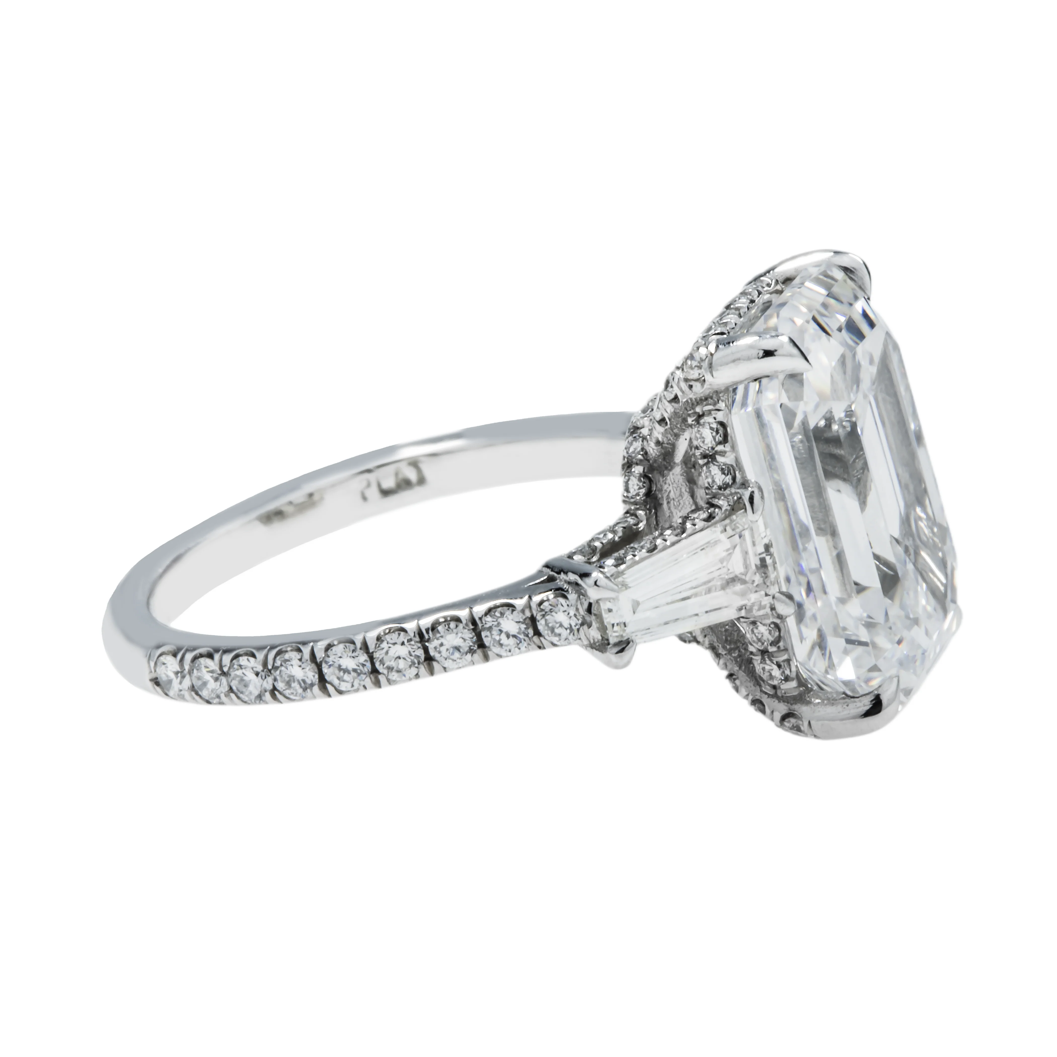 GIA Platinum 7.62ct Emerald Cut Triple Diamond Engagement Ring 8.82ctw - Image 4