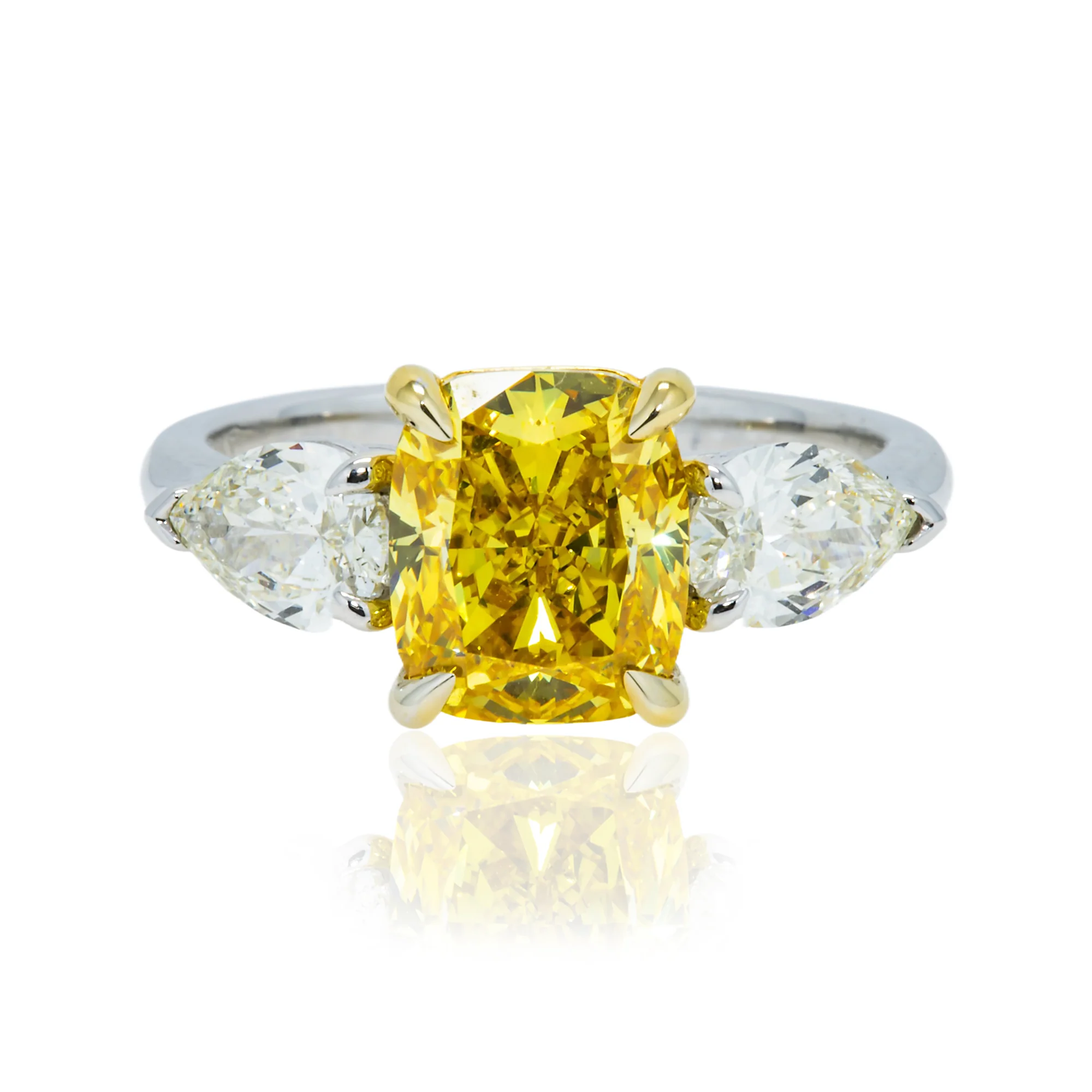 GIA Platinum 2.74ct Fancy Vivid Yellow Cushion Triple Diamond Ring 3.74ctw - Image 7