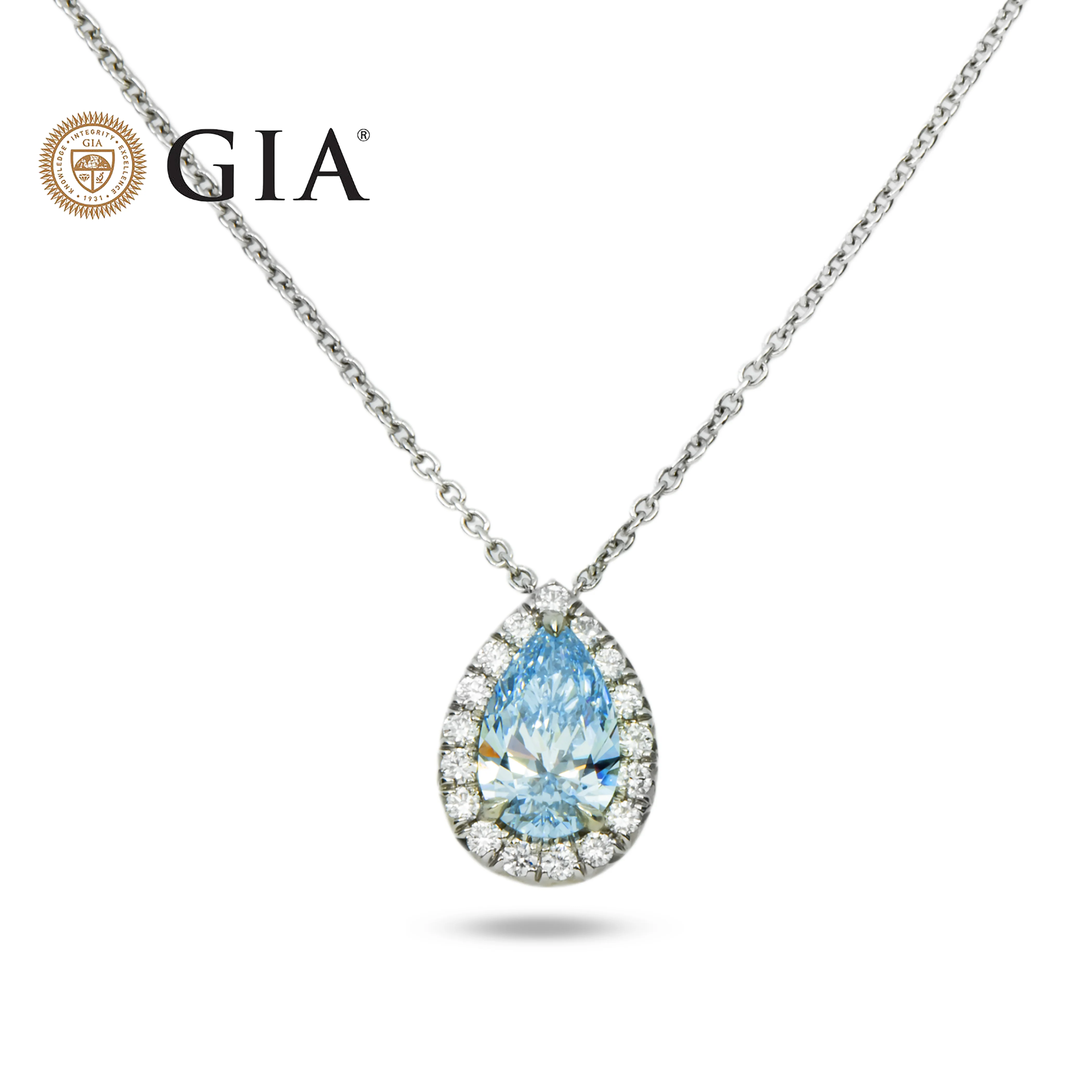 GIA Platinum Pear Cut Fancy Intense Blue Diamond Pendant & Chain Necklace