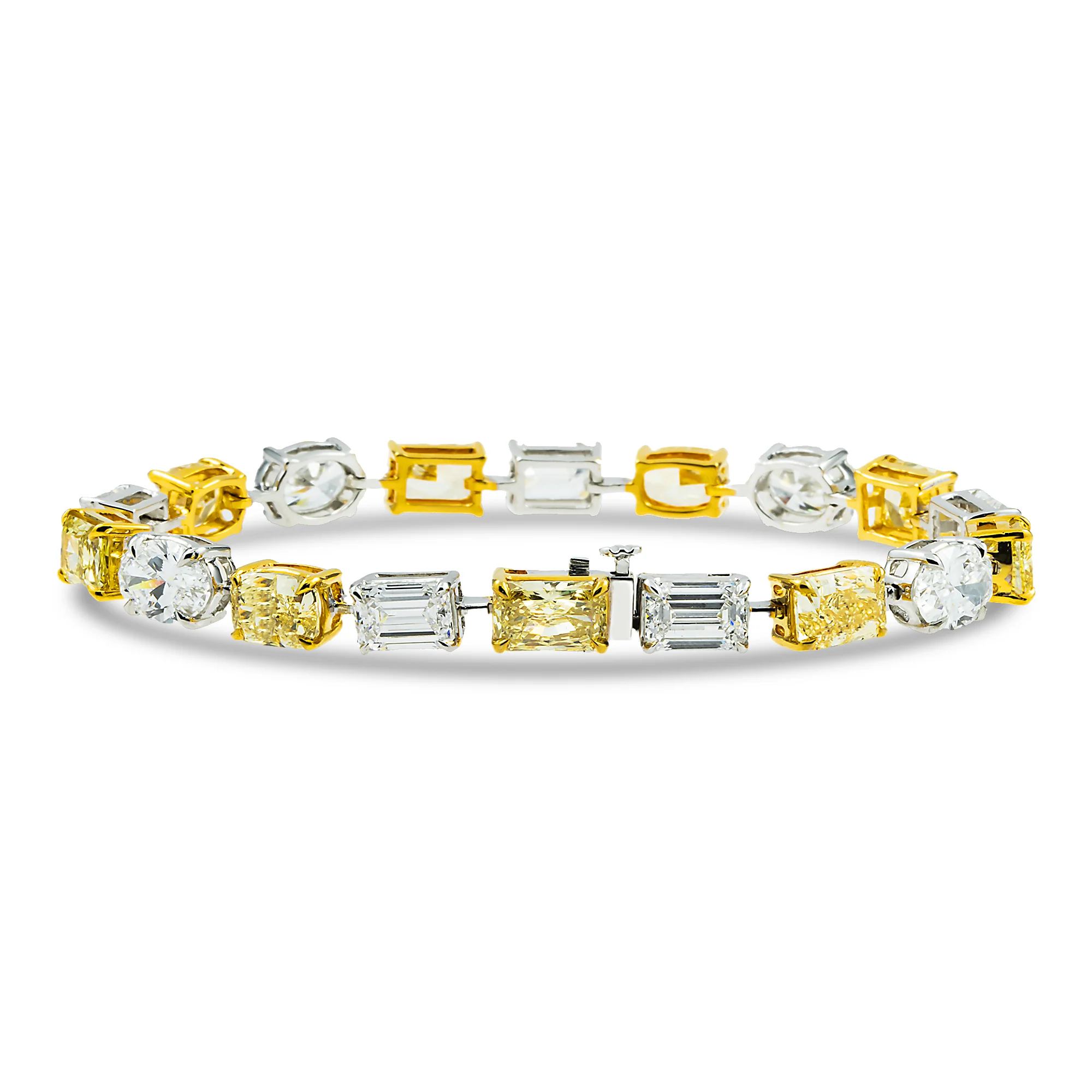 IGI 14K Two Tone Oval Emerald & Radiant Fancy Yellow & White Diamond Bracelet 18.83ct - Image 4