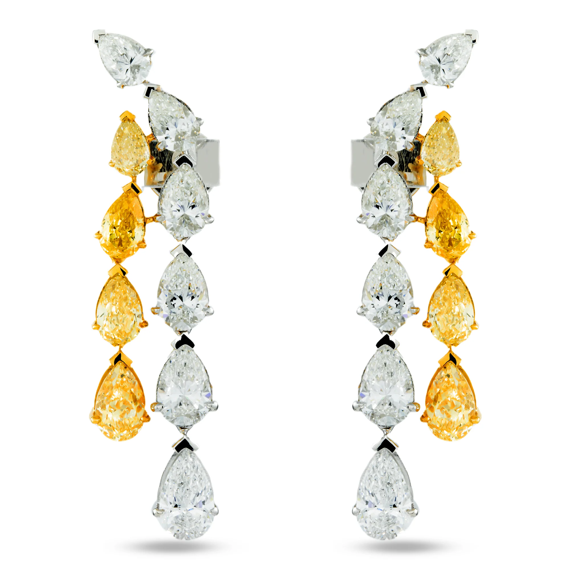 IGI 14K Two Tone Pear Cut Fancy Yellow & White Diamond Drop Earrings 14.32ctw