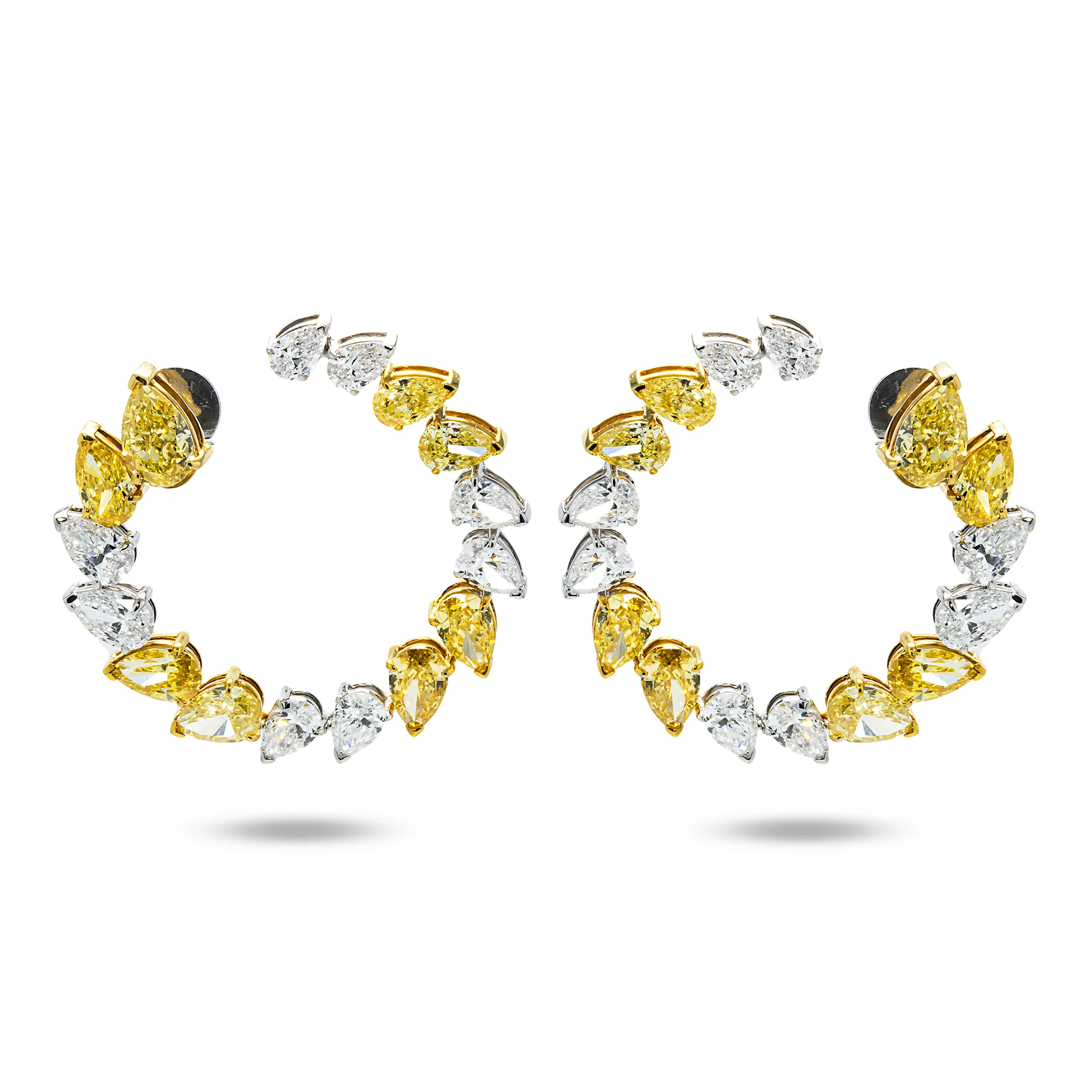 IGI 14K Two Tone Pear Cut White & Fancy Yellow Diamond Open Hoop Earrings 14.66ctw