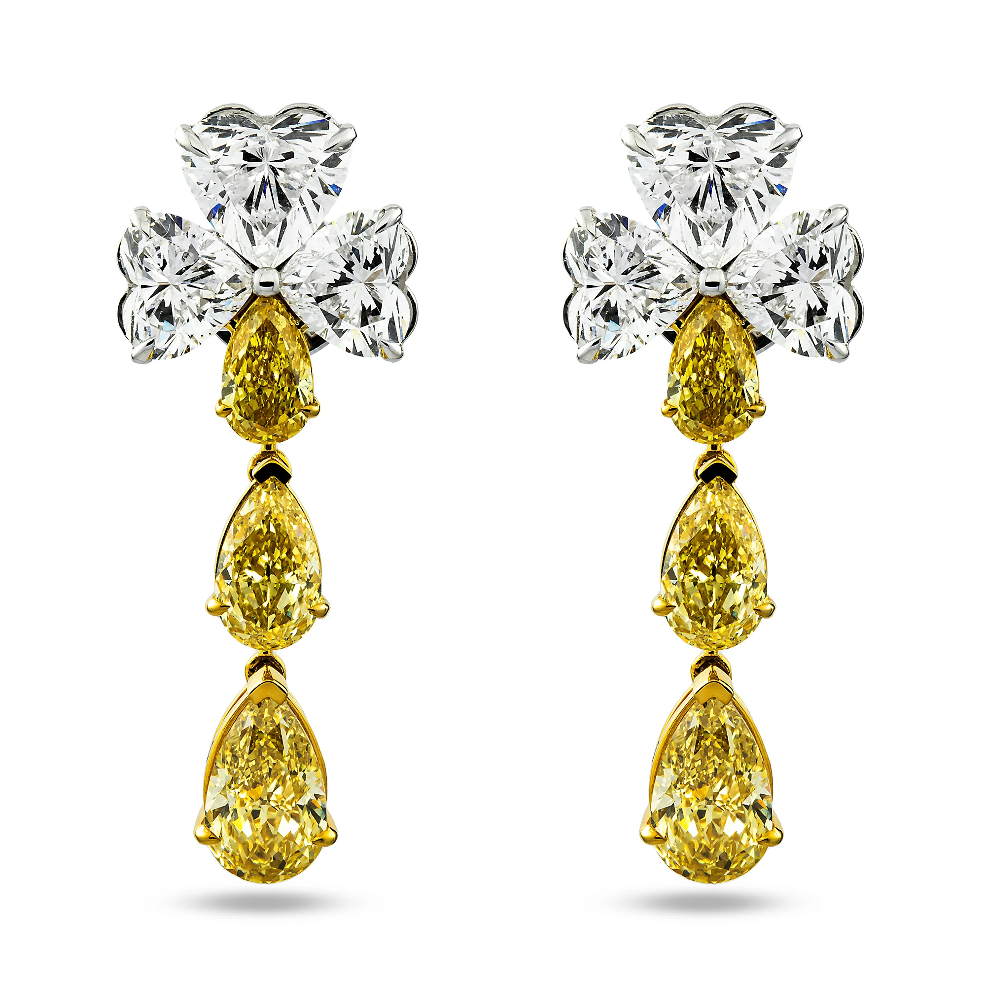 IGI 14K Two Tone White & Fancy Yellow Heart & Pear Diamond Earrings 13.72ct