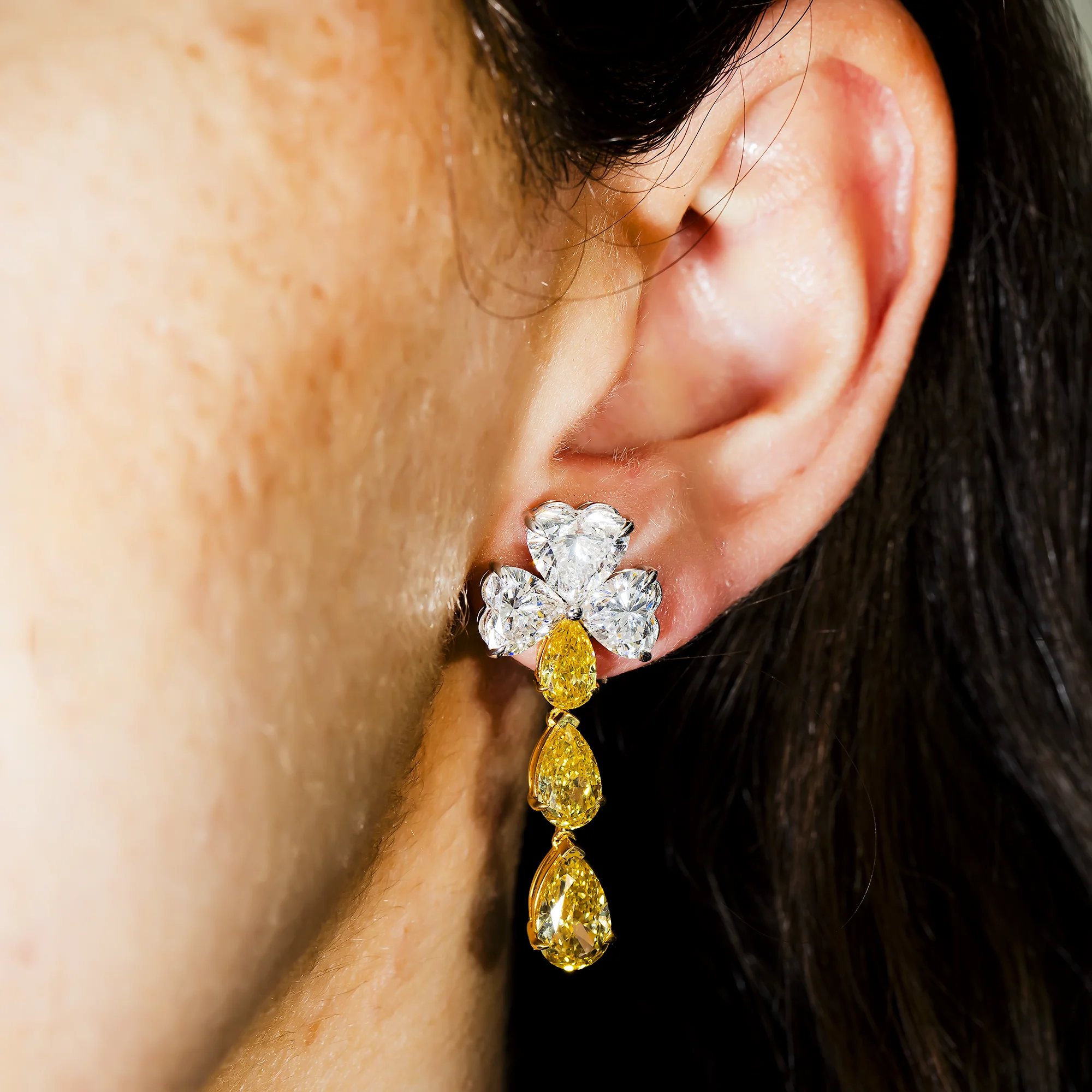 IGI 14K Two Tone White & Fancy Yellow Heart & Pear Diamond Earrings 13.72ct - Image 2