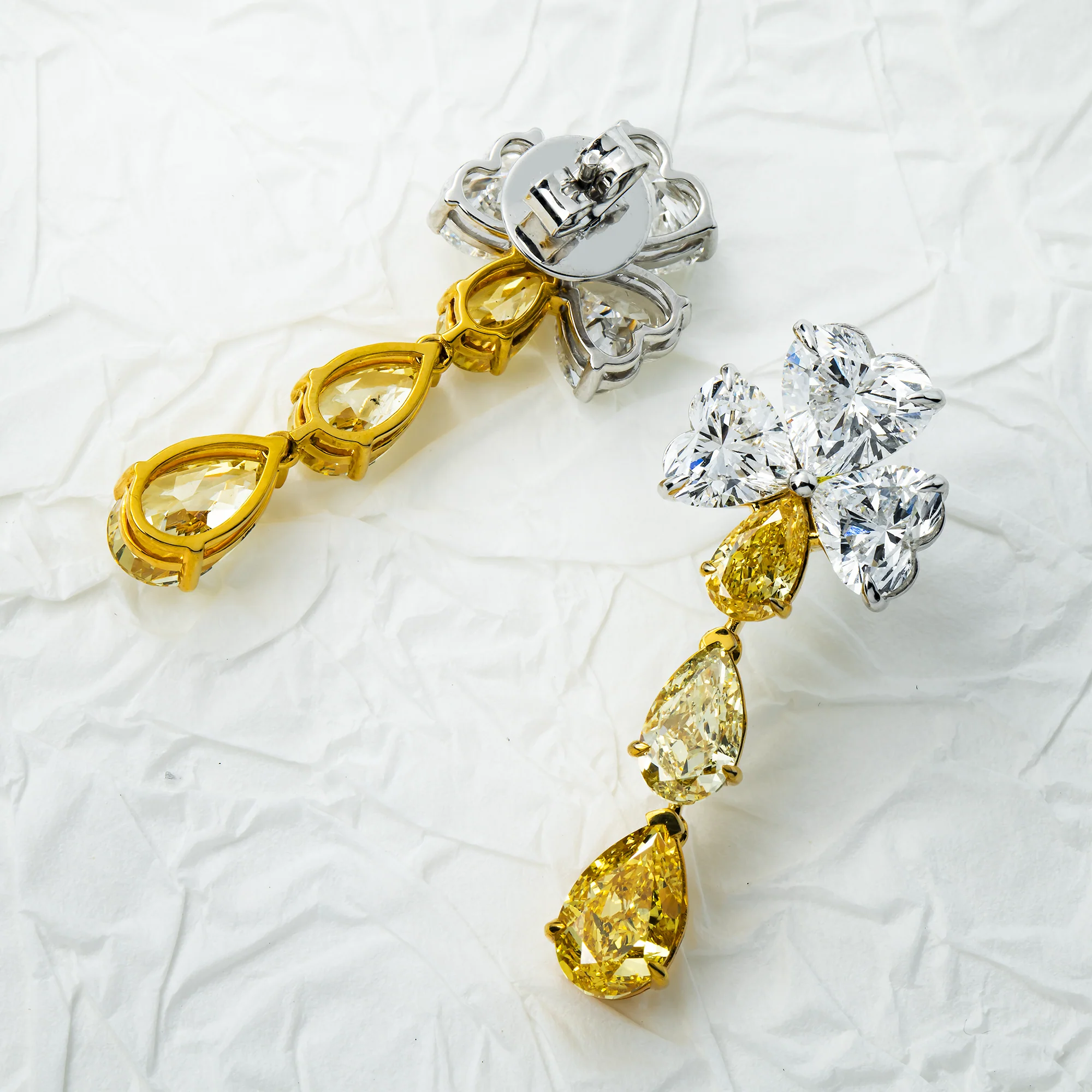 IGI 14K Two Tone White & Fancy Yellow Heart & Pear Diamond Earrings 13.72ct - Image 3