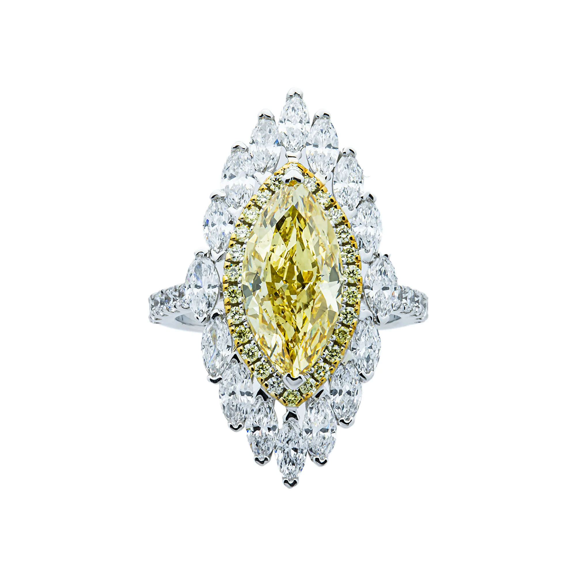 14K White Gold 3.56ct Fancy Yellow & White Marquise Diamond Ring 5.71ctw