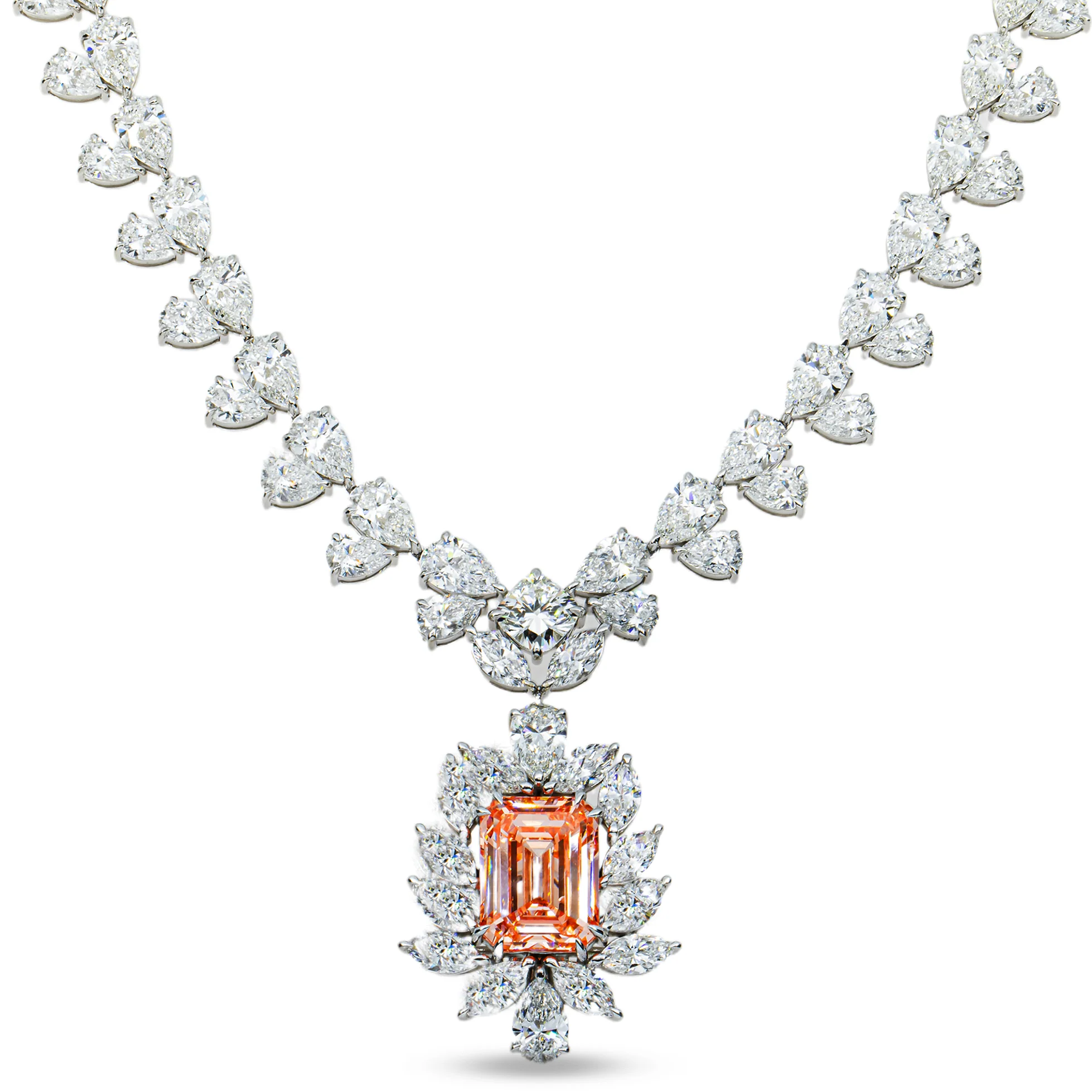 IGI 14K White Gold Fancy Pink Emerald Cut Diamond Goddess Drop Necklace 89.02ct