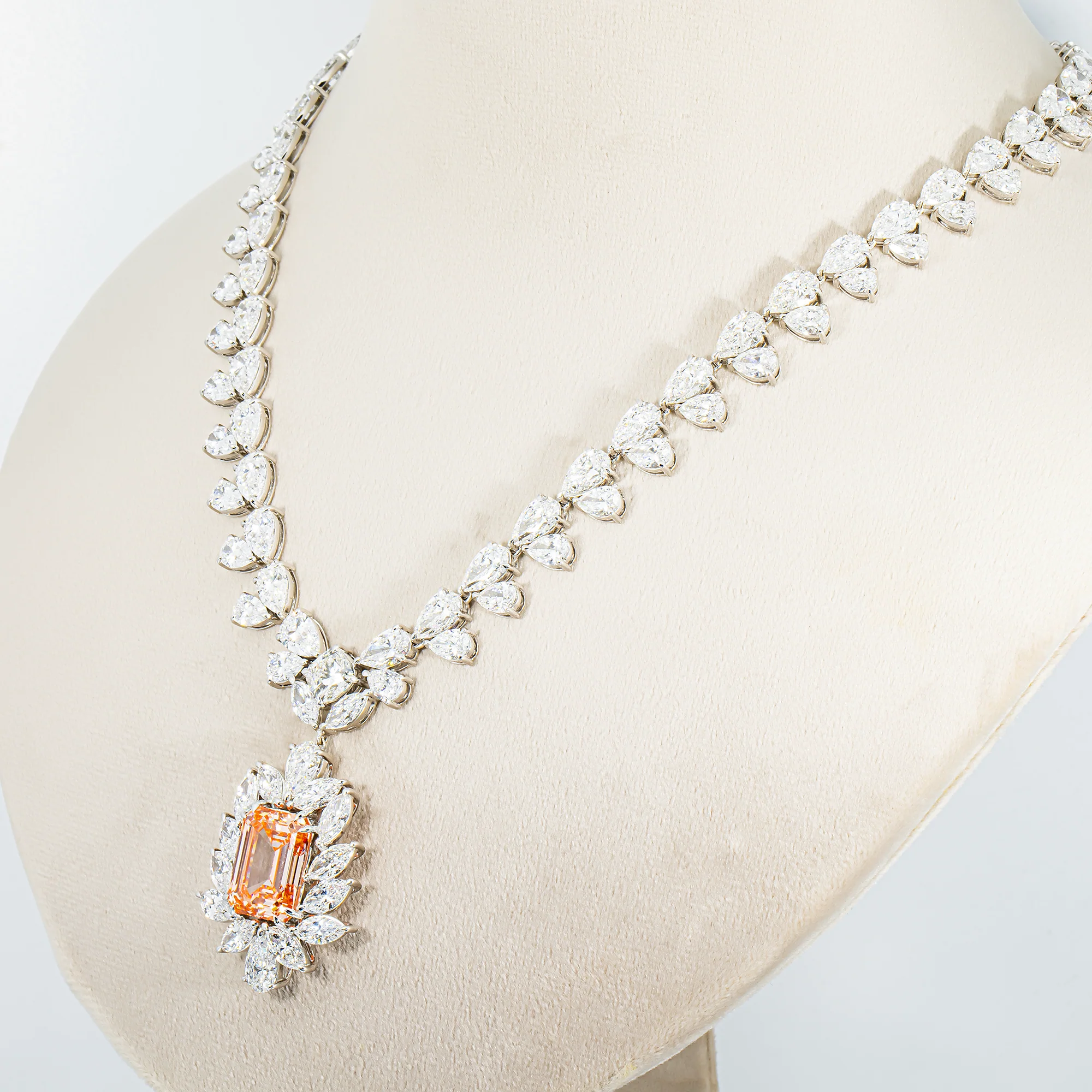 IGI 14K White Gold Fancy Pink Emerald Cut Diamond Goddess Drop Necklace 89.02ct - Image 3
