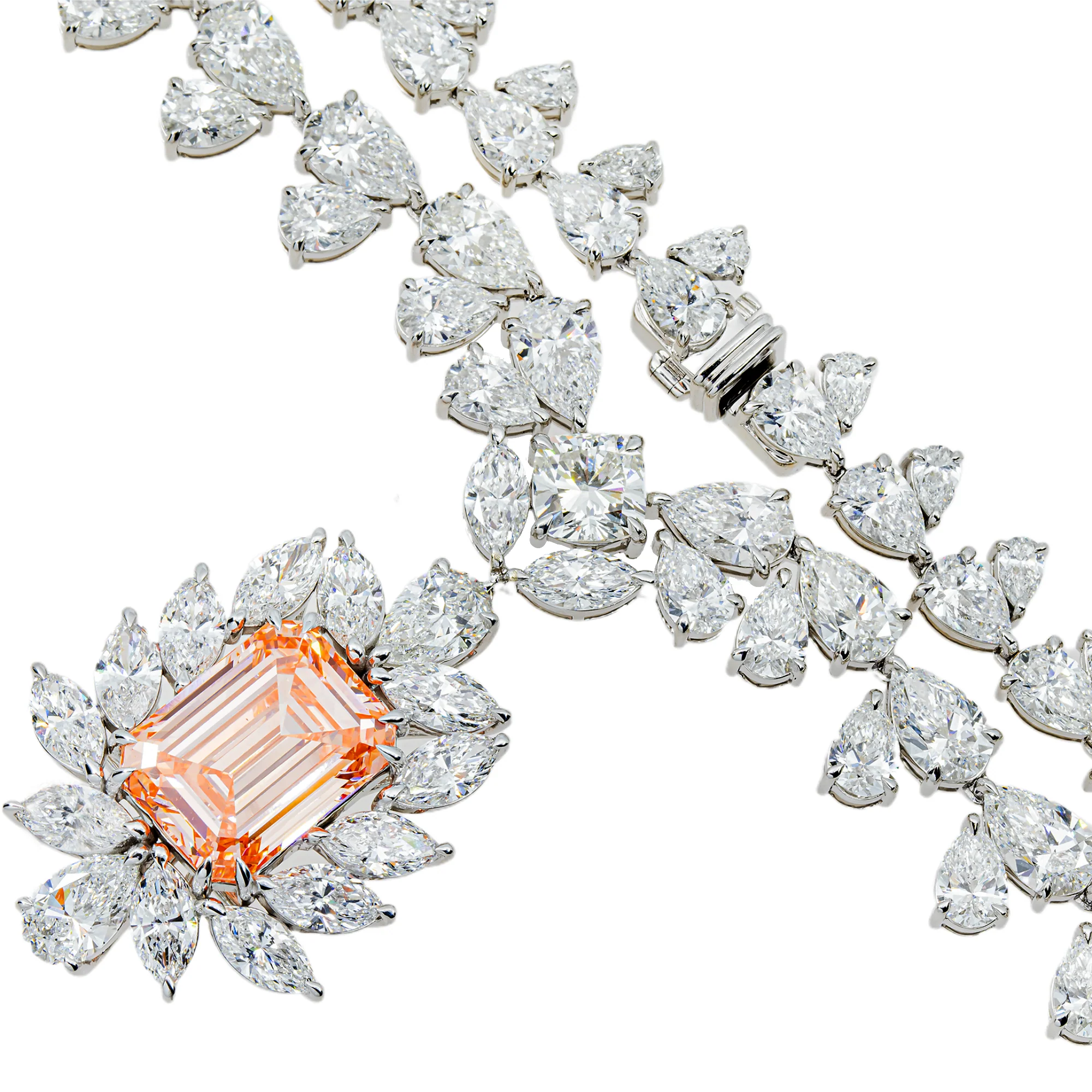 IGI 14K White Gold Fancy Pink Emerald Cut Diamond Goddess Drop Necklace 89.02ct - Image 5