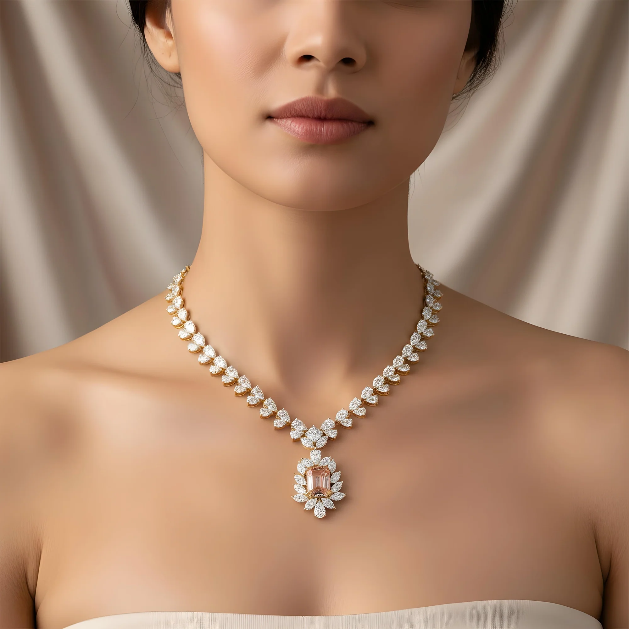 IGI 14K White Gold Fancy Pink Emerald Cut Diamond Goddess Drop Necklace 89.02ct - Image 7